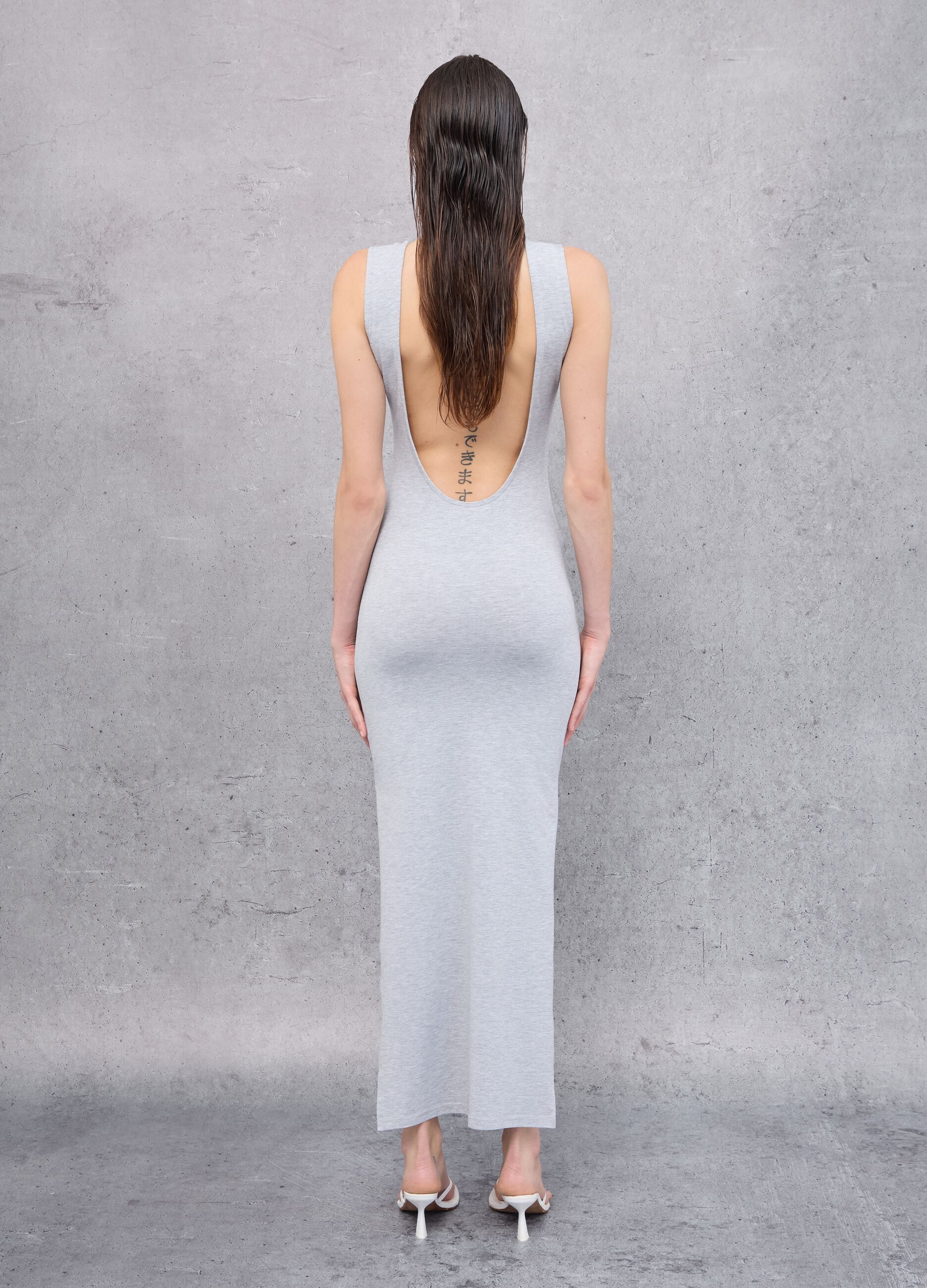 Grey Melange Backless Long Dress 