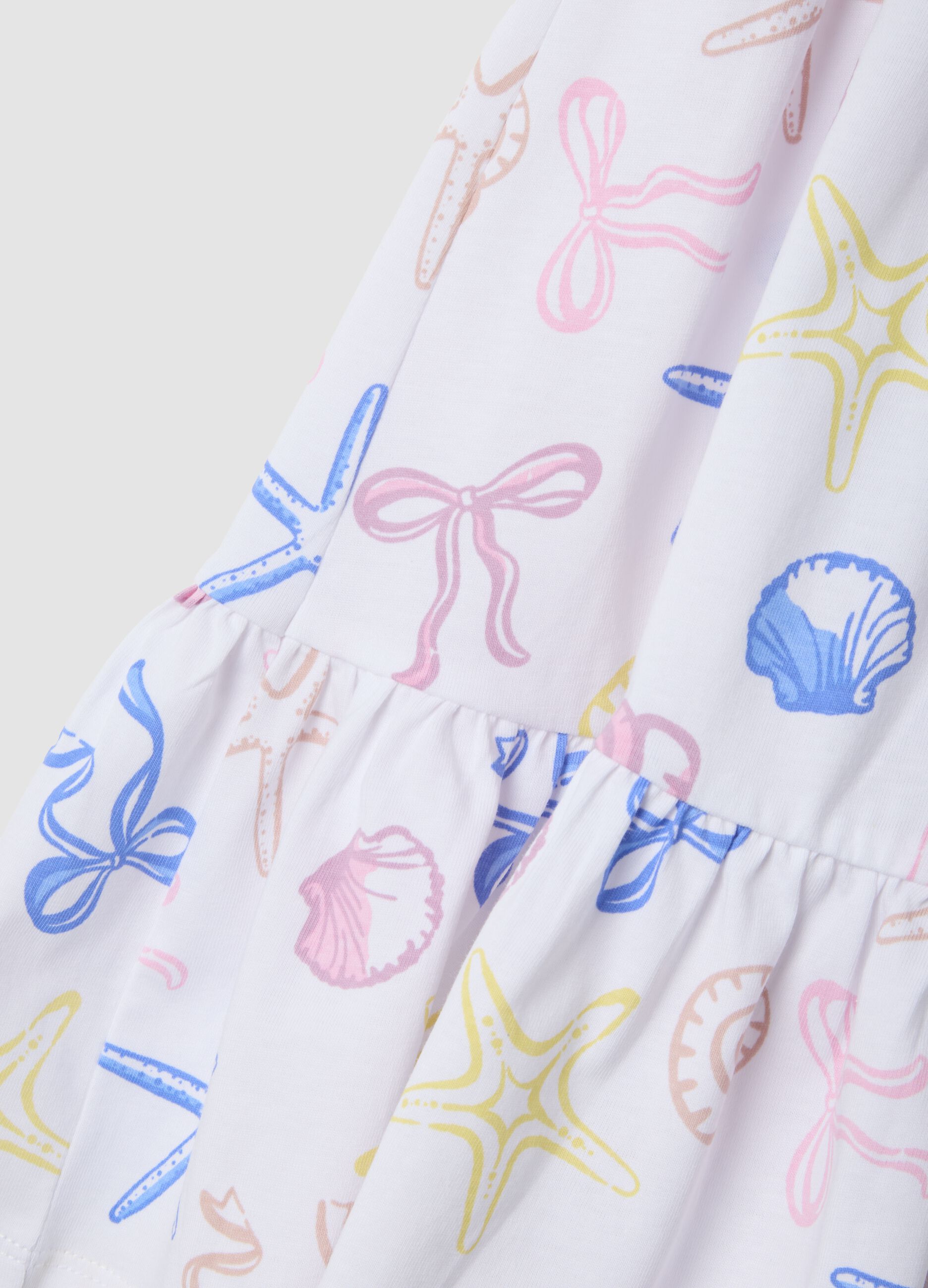 White pure cotton girls&rsquo; dress, regular fit, with seaside prints