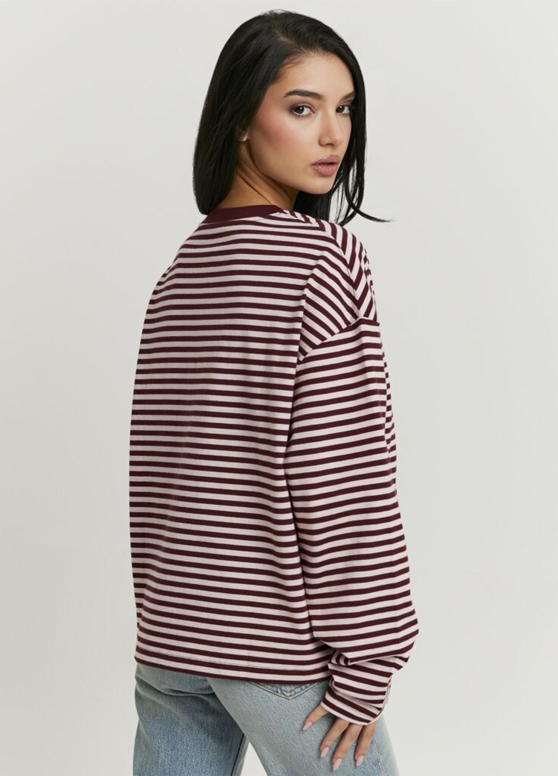 Regular Fit Long-Sleeve Striped Bordeaux T-shirt in 100% Cotton