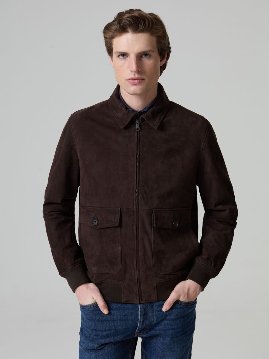 Short suede jacket with collar and zip_1
