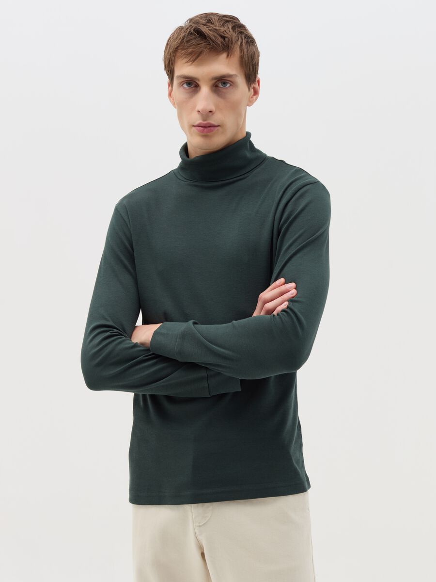 Interlock cotton T-shirt with high neck_0