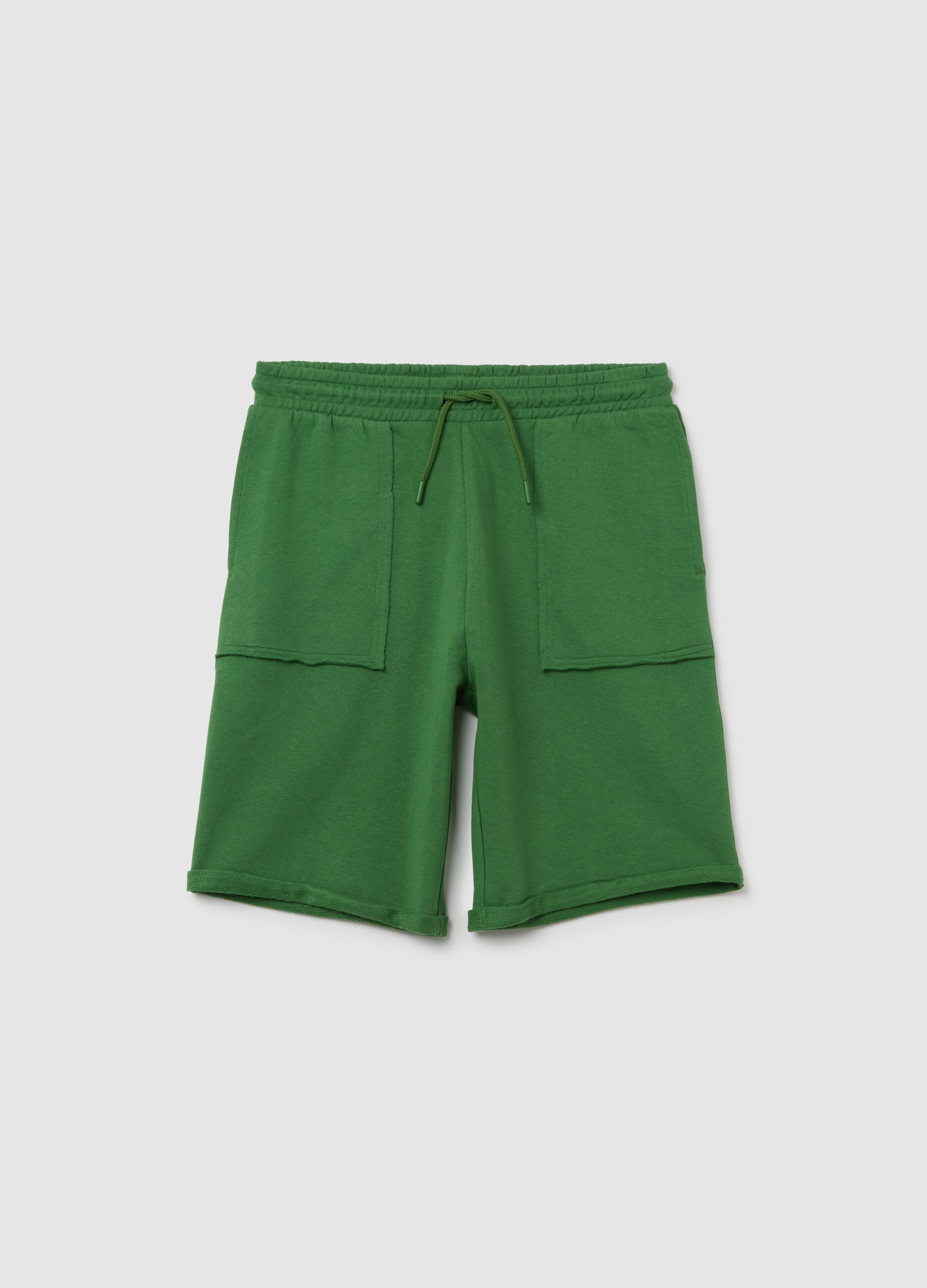 Shorts da bambino in puro cotone verde con tasche