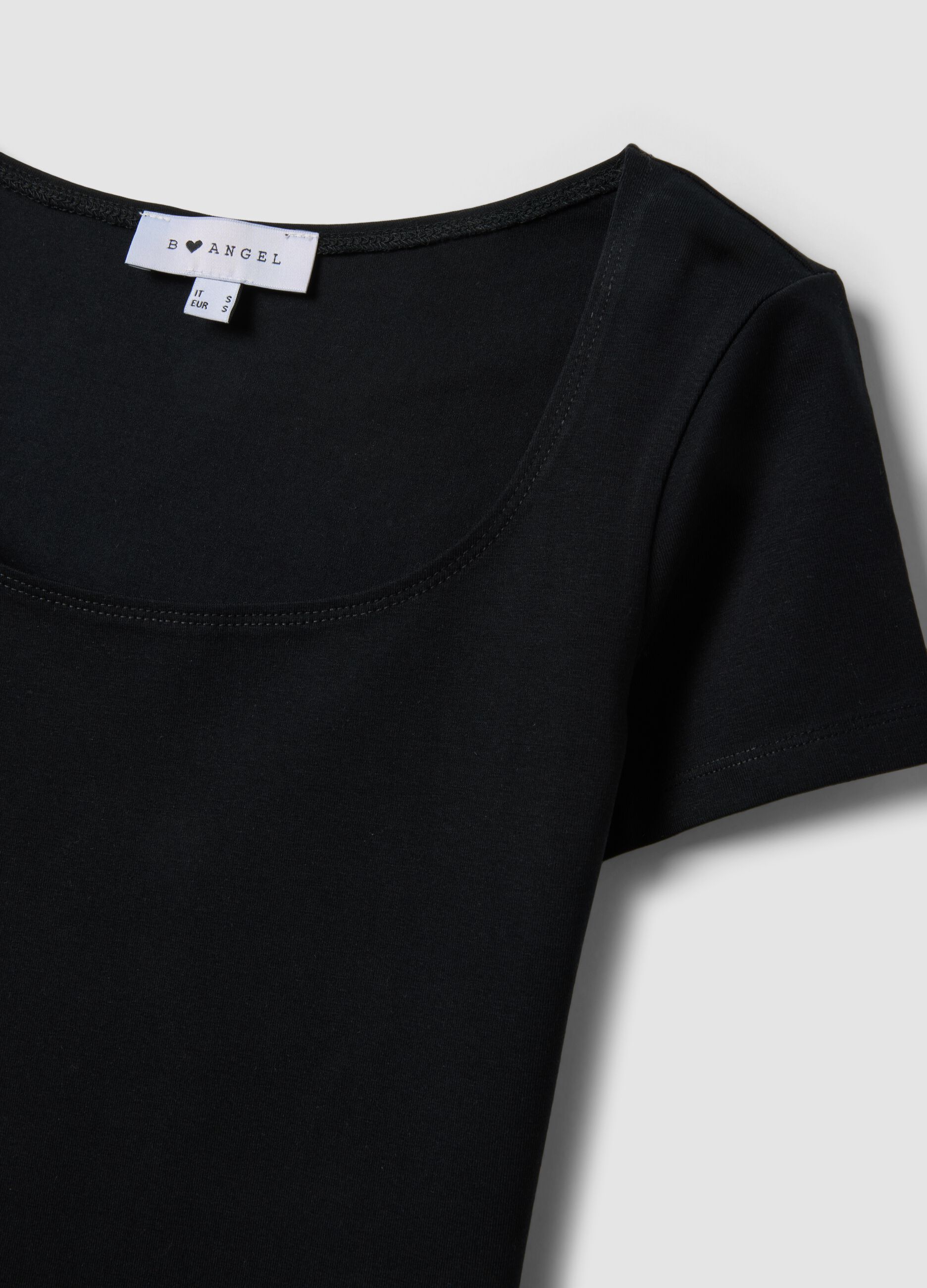 Black stretch cotton T-shirt with square neckline