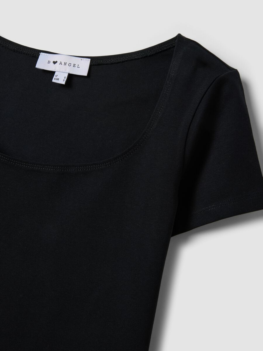 Black stretch cotton T-shirt with square neckline_5