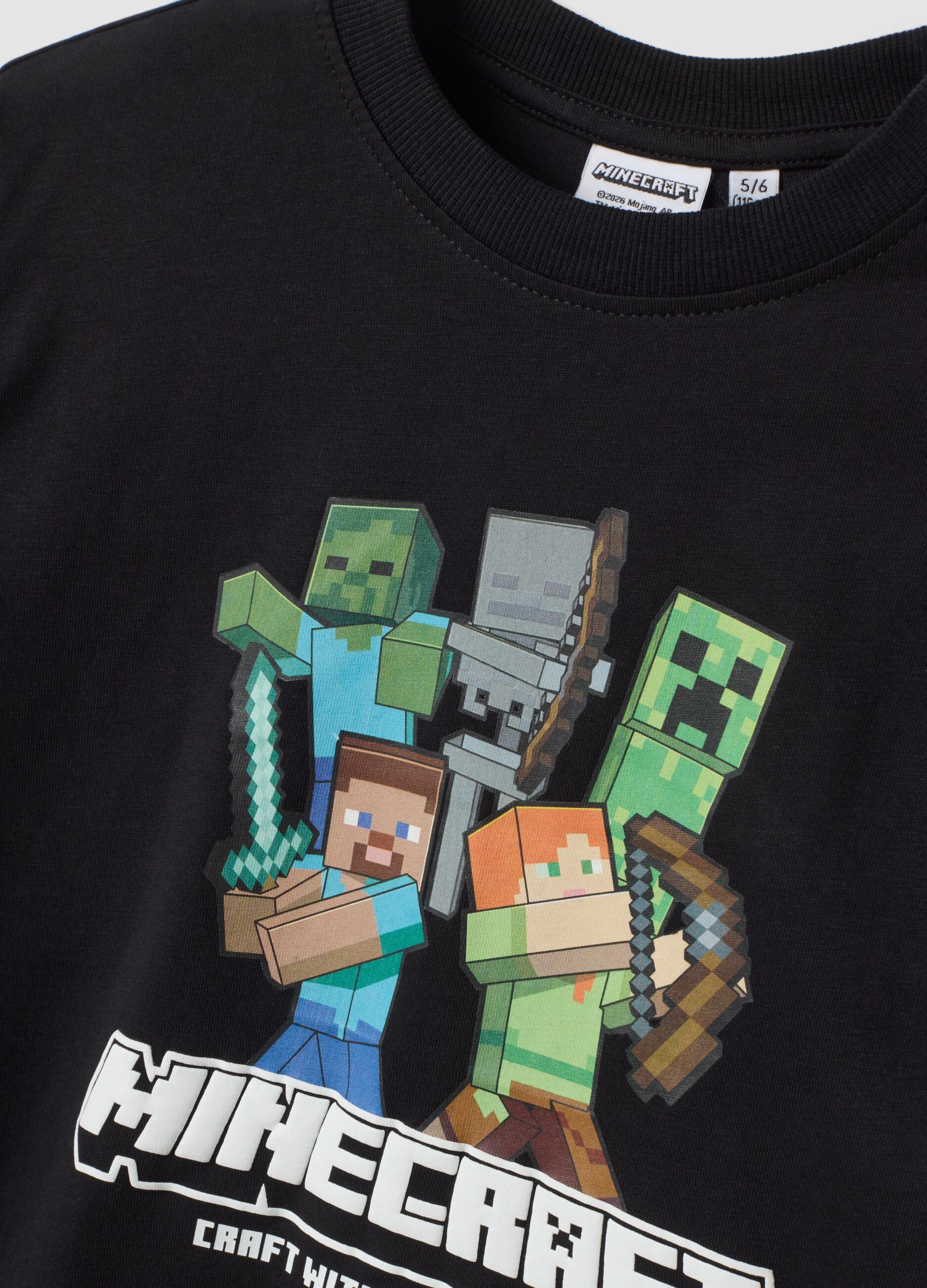 T-shirt nera in puro cotone con girocollo e stampa Minecraft over fit
