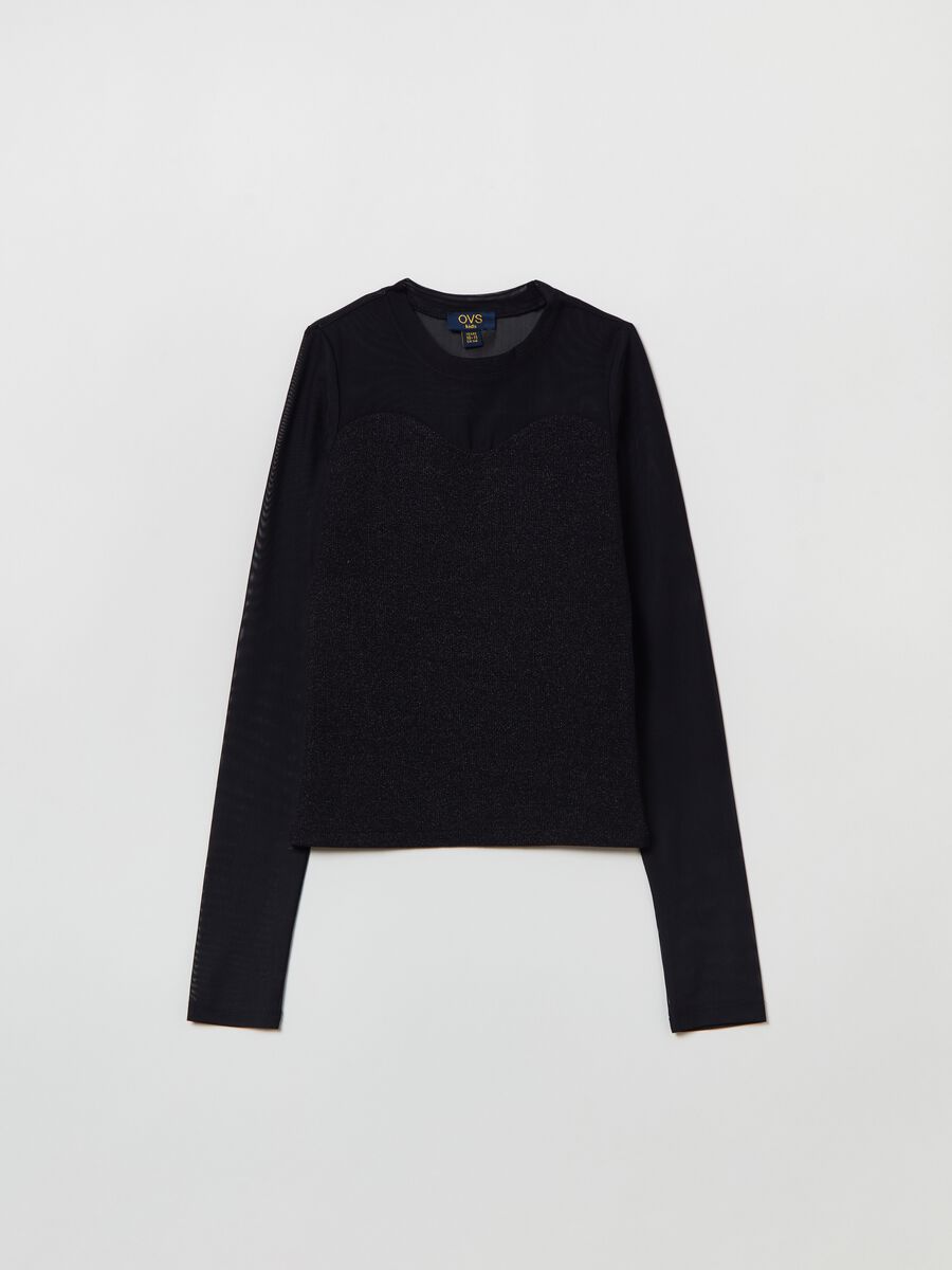 T-shirt in mesh e lurex con maniche lunghe_0