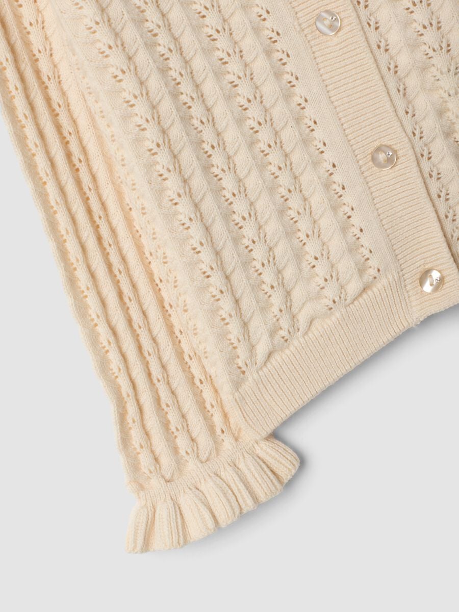 Beige pure cotton openwork knit cardigan for baby girl_3