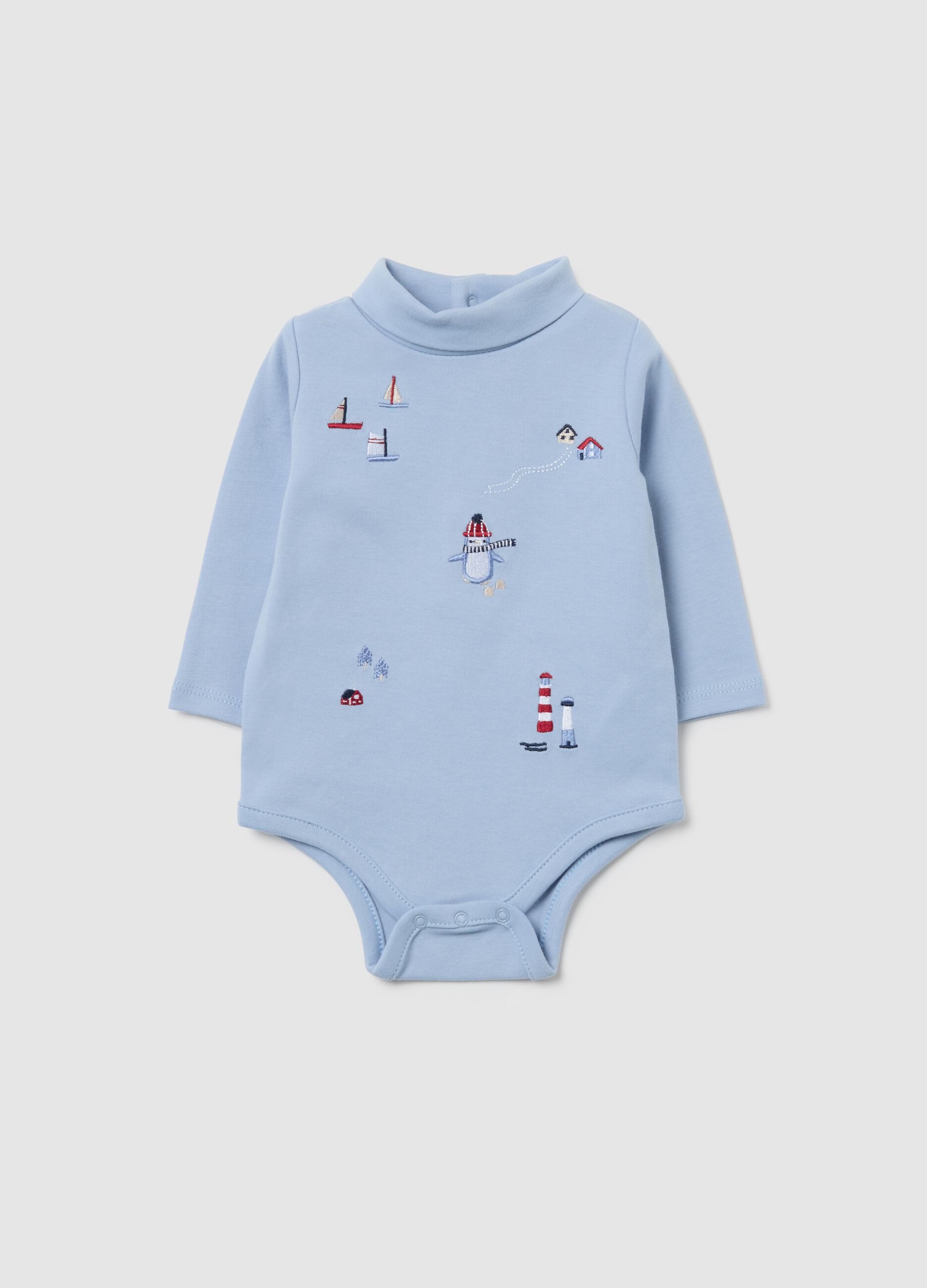 Baby's Christmas bodysuit in pure blue cotton with high collar