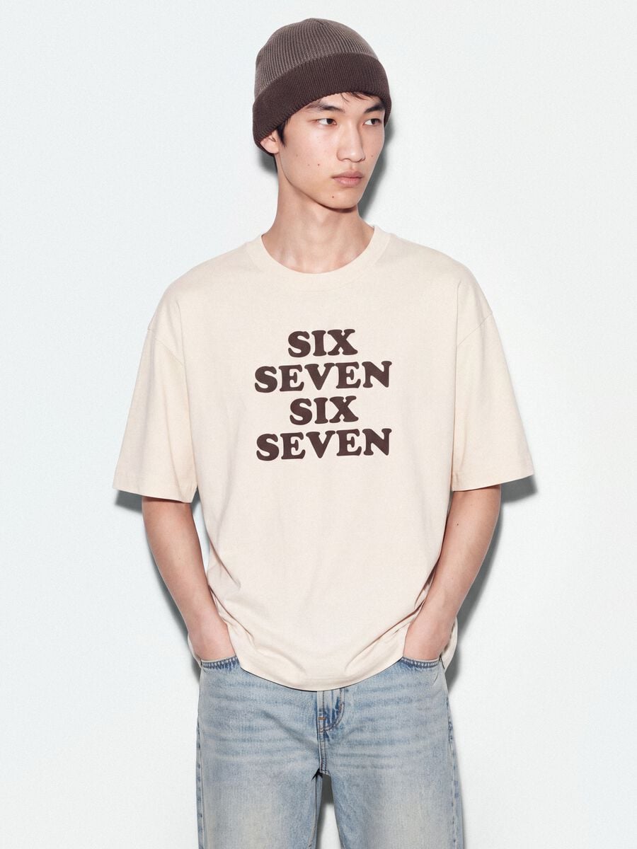 White pure cotton T-shirt with Six Seven front print, boxy fit_0