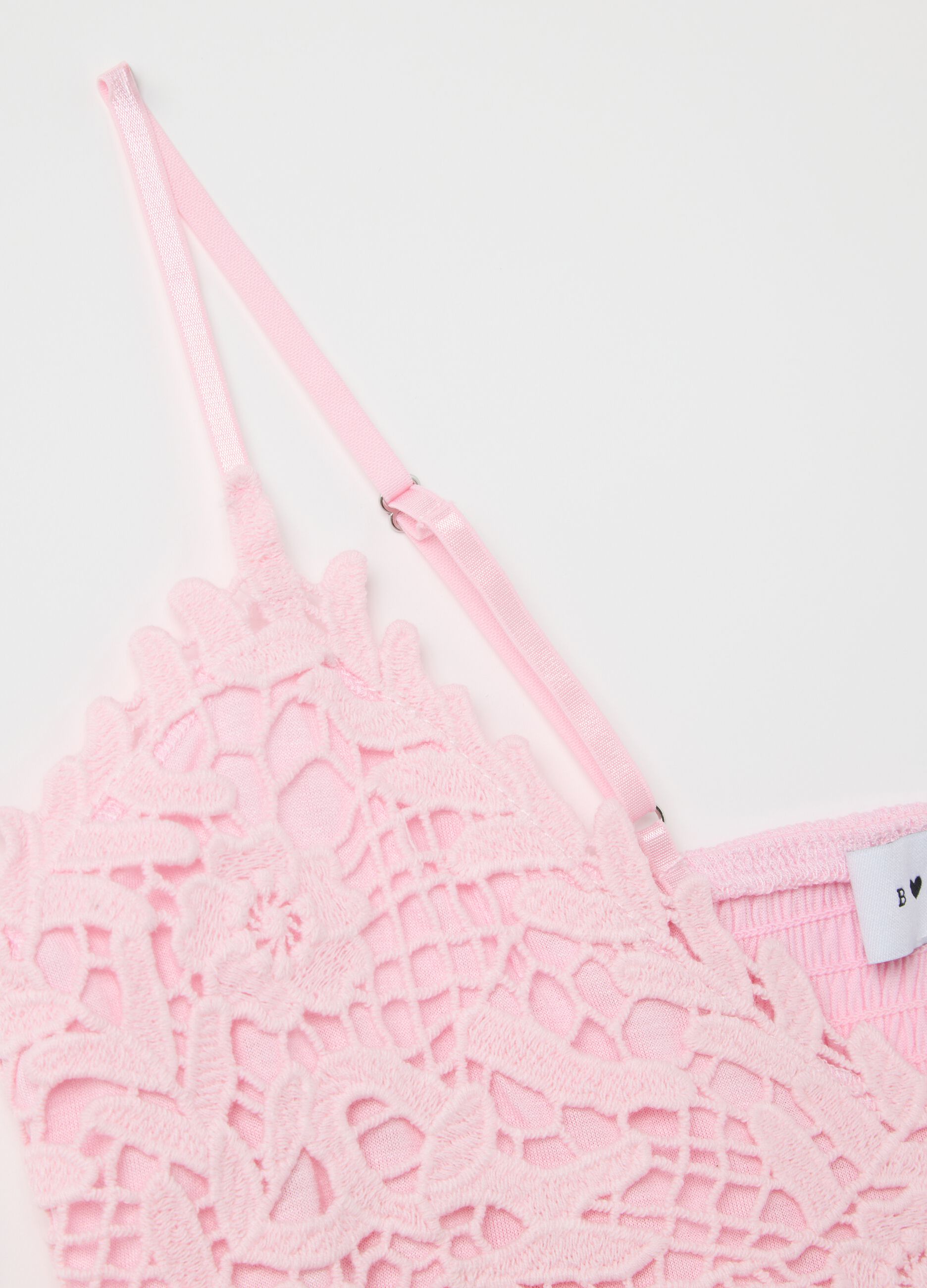 Top da donna in puro cotone rosa regular fit con dettagli in pizzo