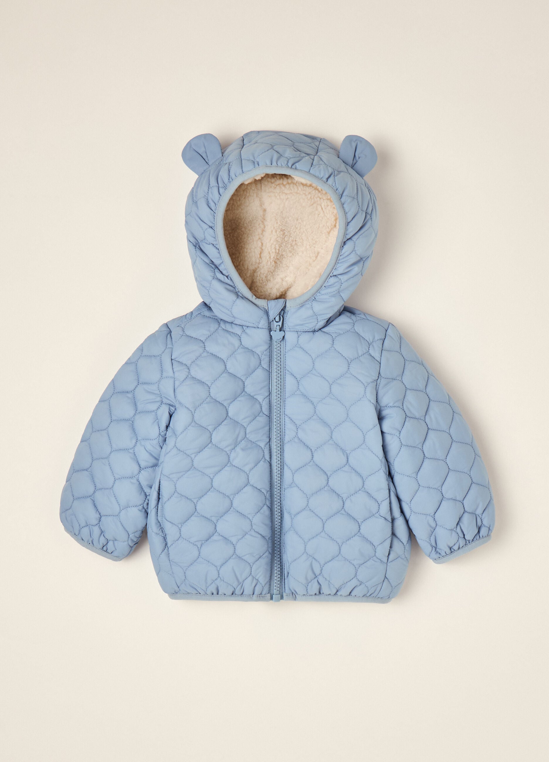 Blue quilted hooded jacket with bear ears