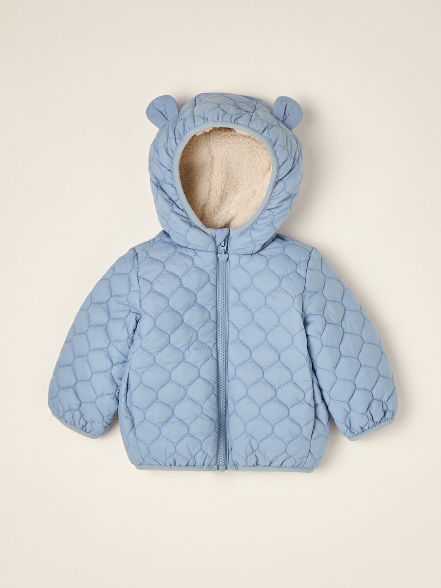 Blue quilted hooded jacket with bear ears_0