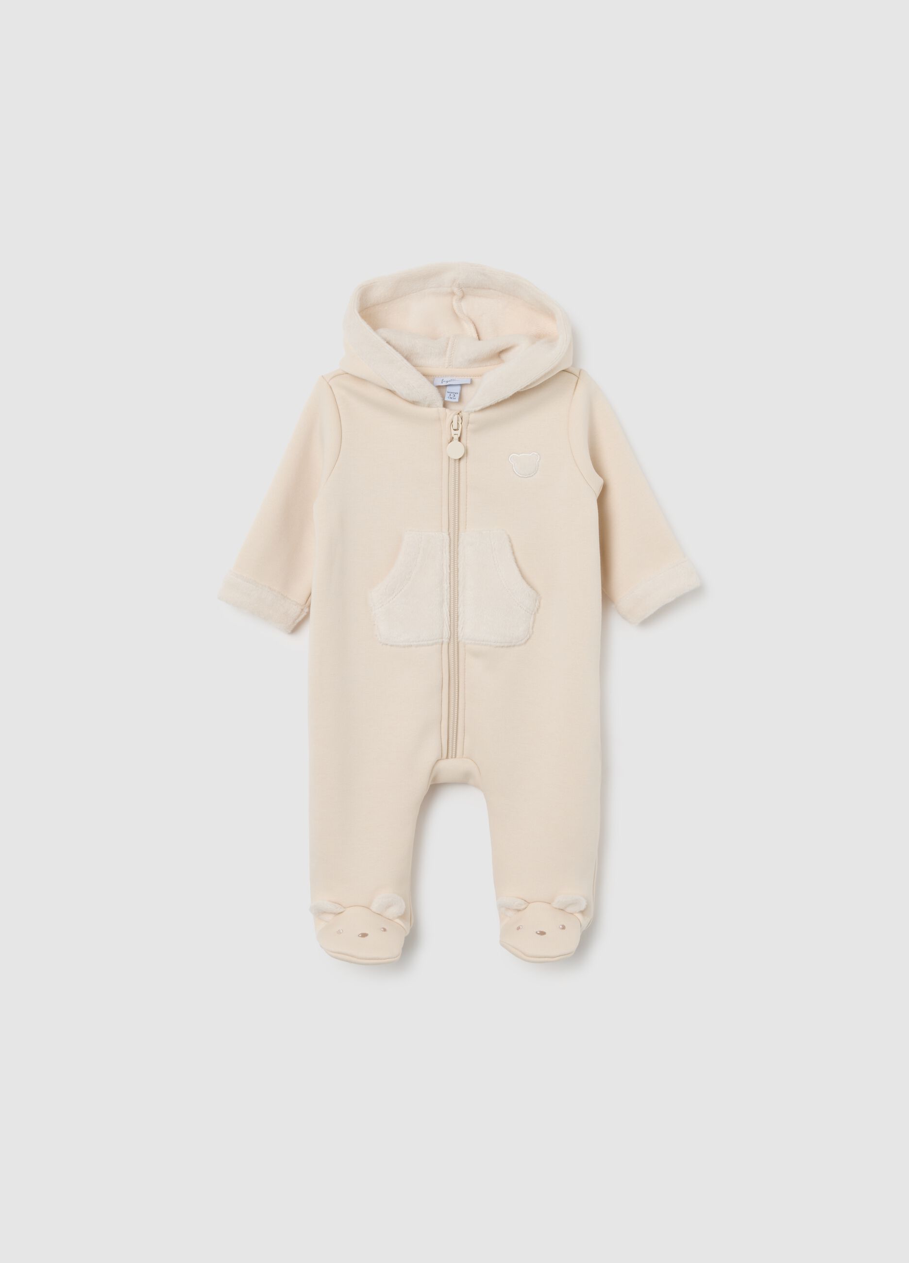 Baby beige jumpsuit with hood and zip
