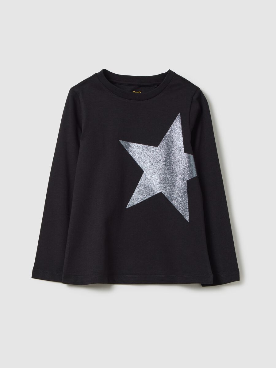 Girls' black regular fit pure cotton t-shirt with glitter star_0
