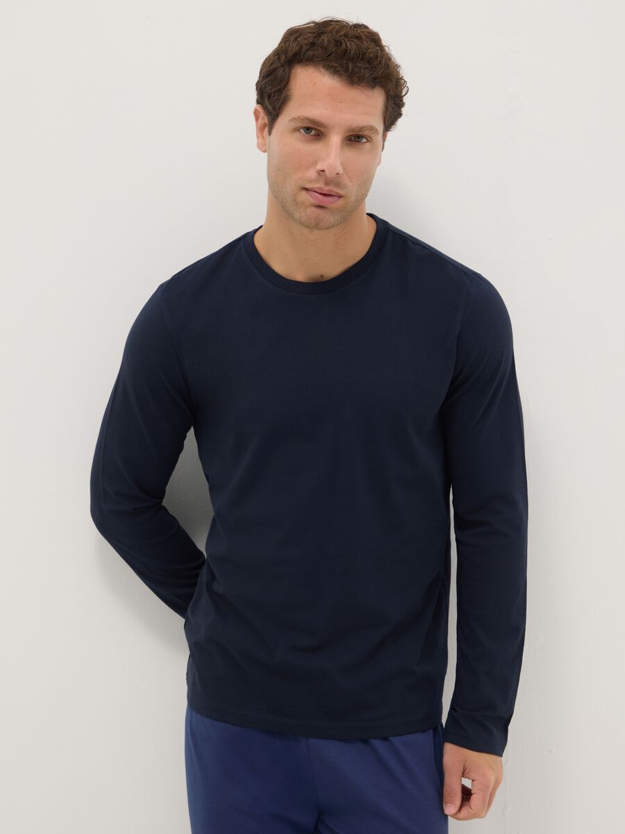 Blue crew neck long sleeve pyjamas in pure cotton regular fit_1