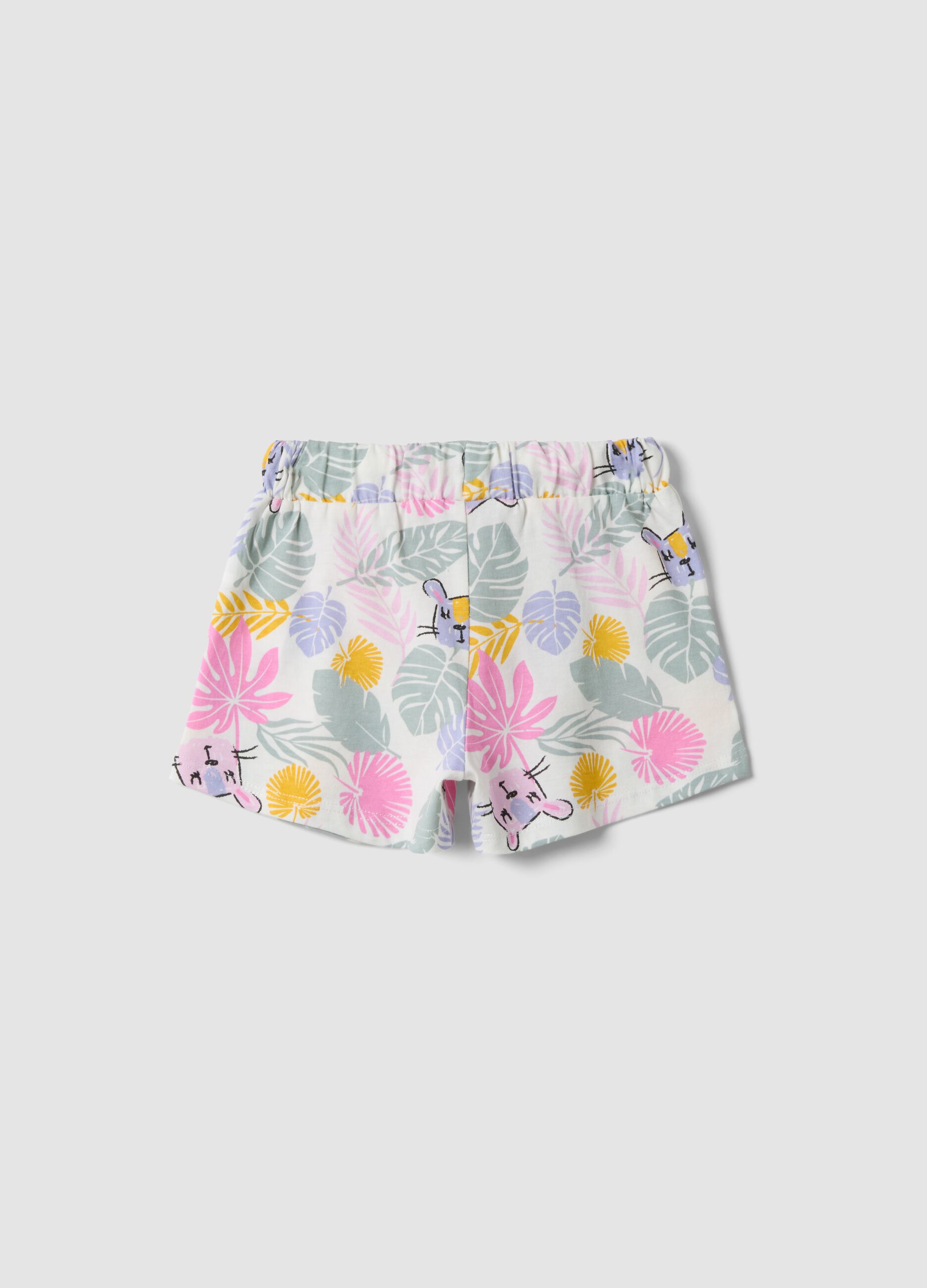 White pure organic cotton shorts with tropical print for baby girls, regular fit