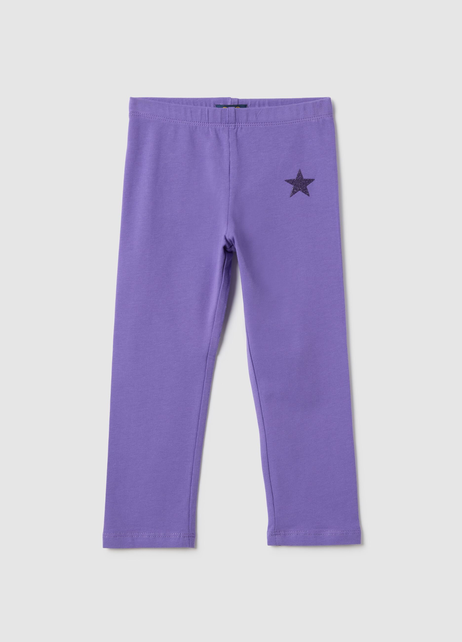 Girls' purple cotton stretch leggings slim fit with star