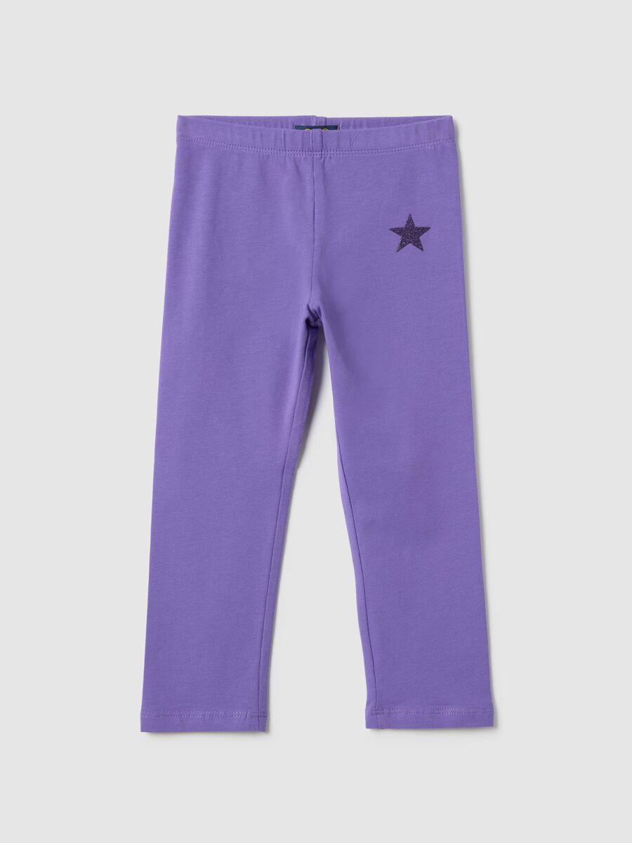 Girls' purple cotton stretch leggings slim fit with star_0