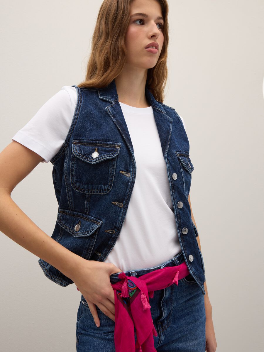 Slim fit pure cotton denim waistcoat_0