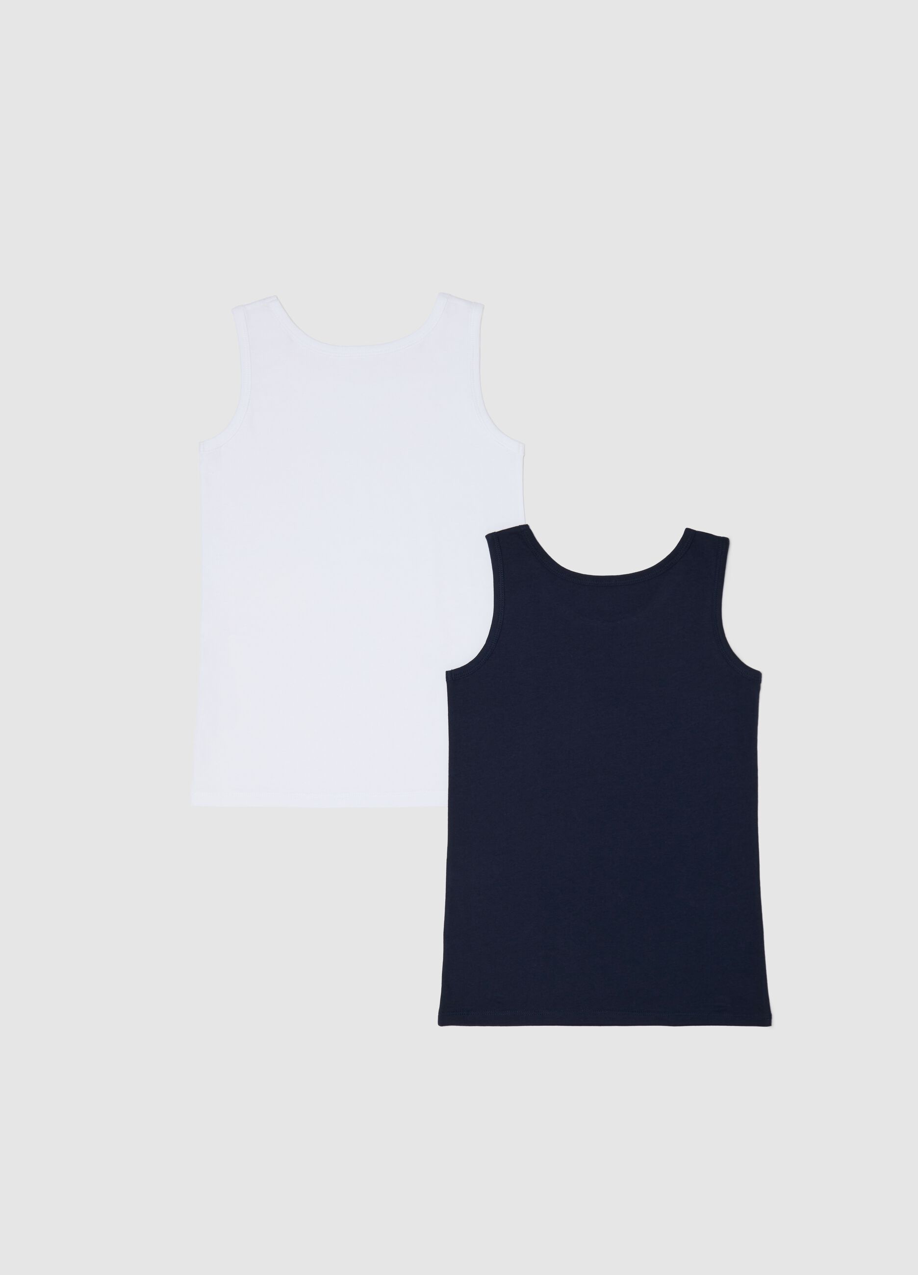 Two-pack white and blue racerback vests in organic cotton