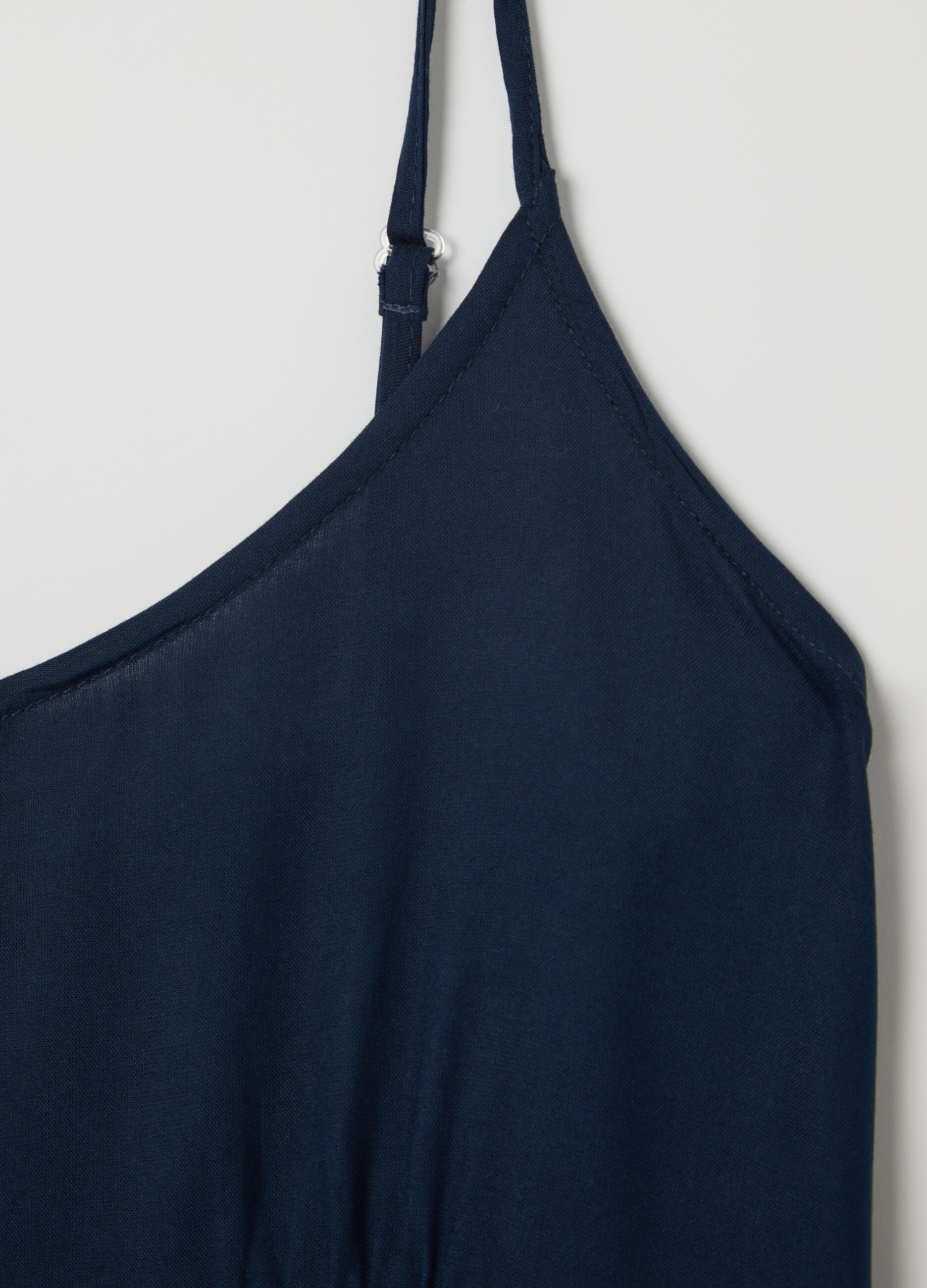Blue viscose dress with V neck and flounce