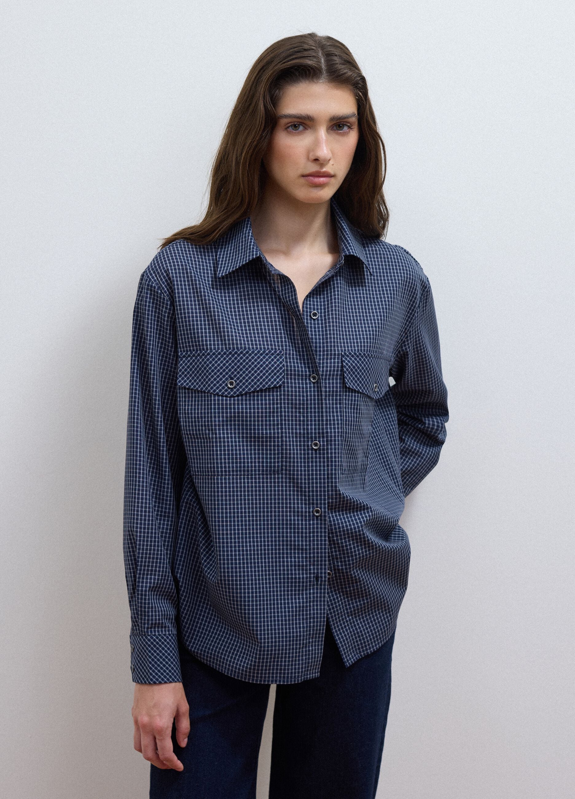 Camicia blu in misto cotone e lyocell a quadretti regular fit