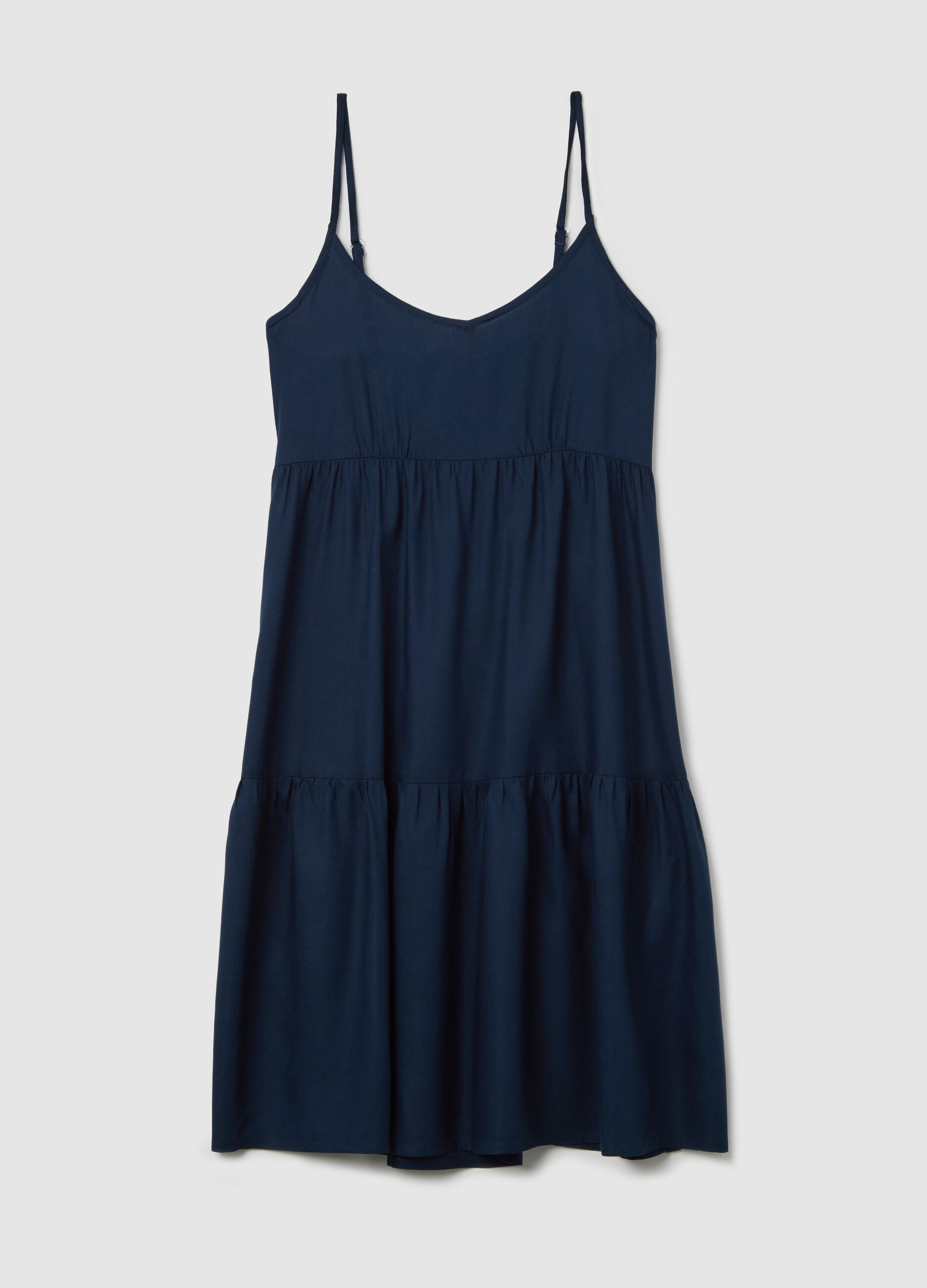 Blue viscose dress with V neck and flounce