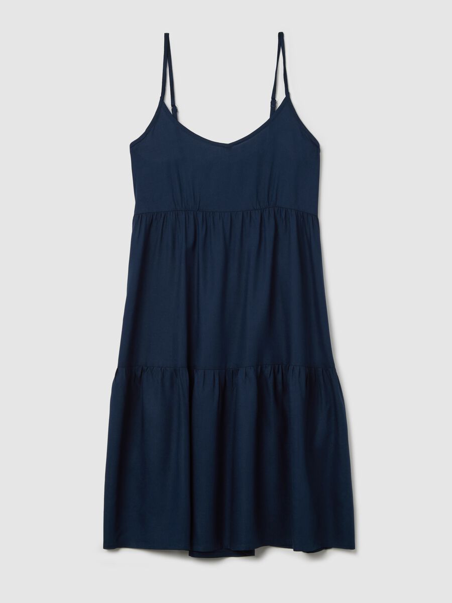 Blue viscose dress with V neck and flounce_4