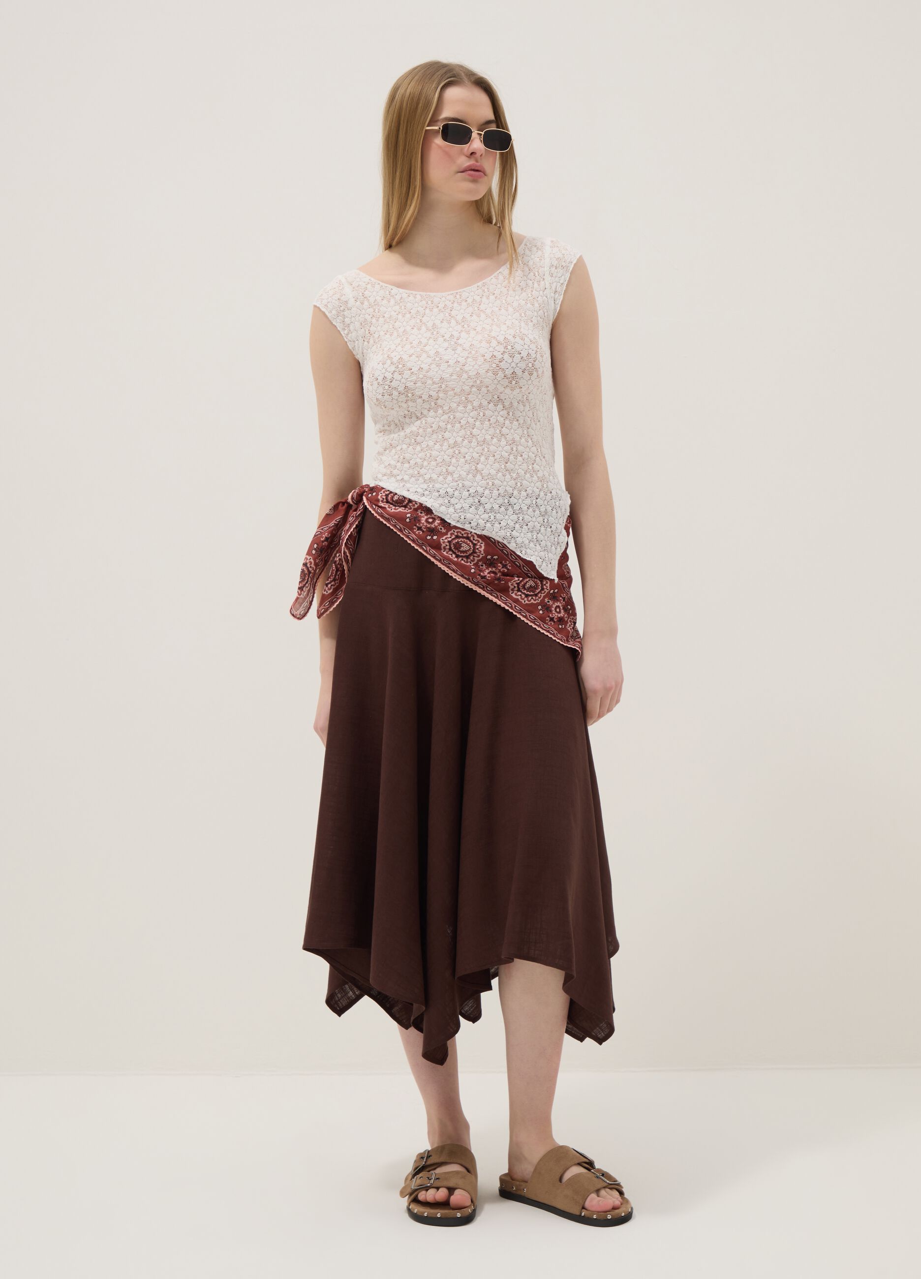 Flowing long brown viscose-linen blend skirt