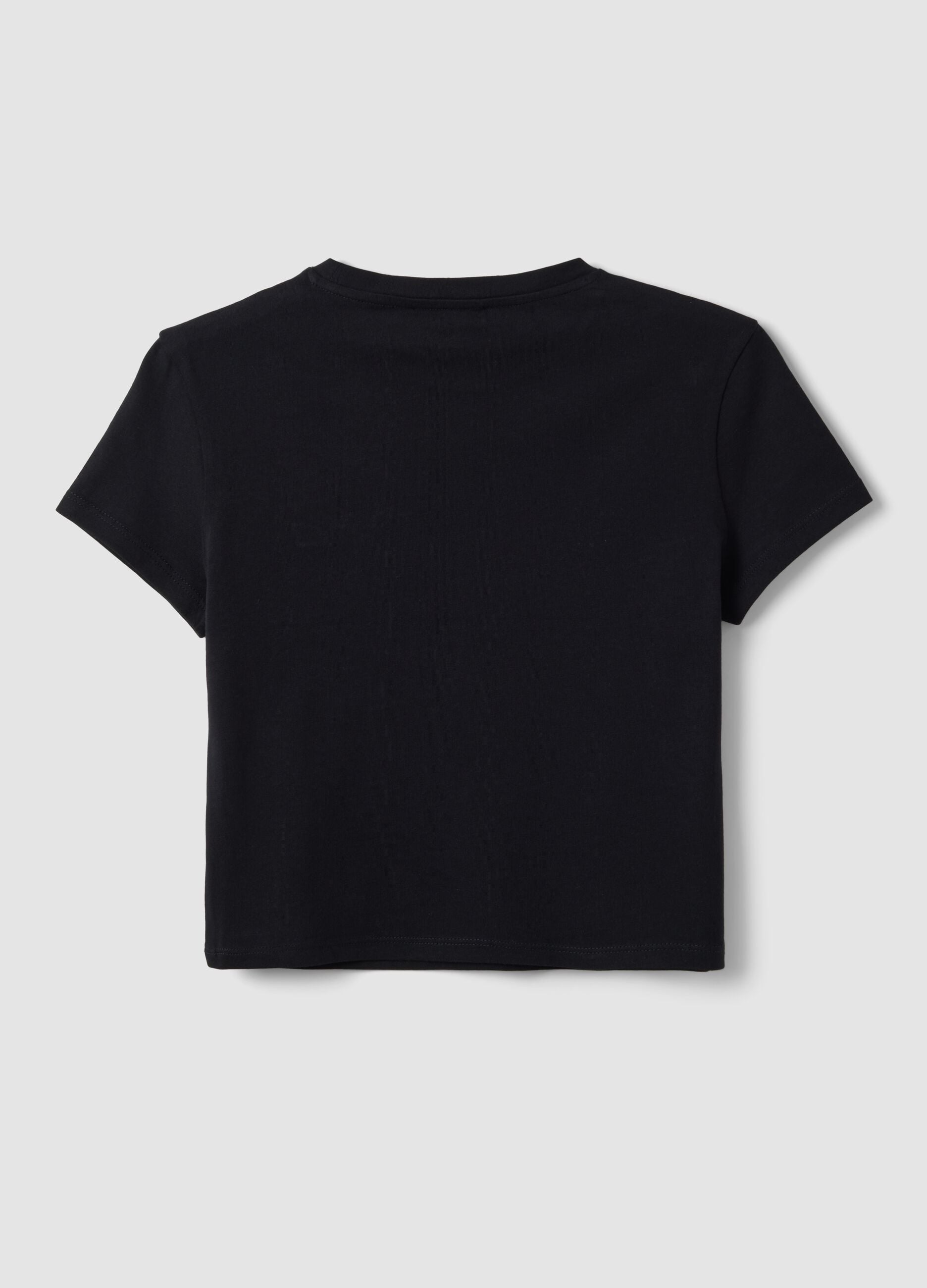 Black pure cotton crop T-shirt with crew neck and print