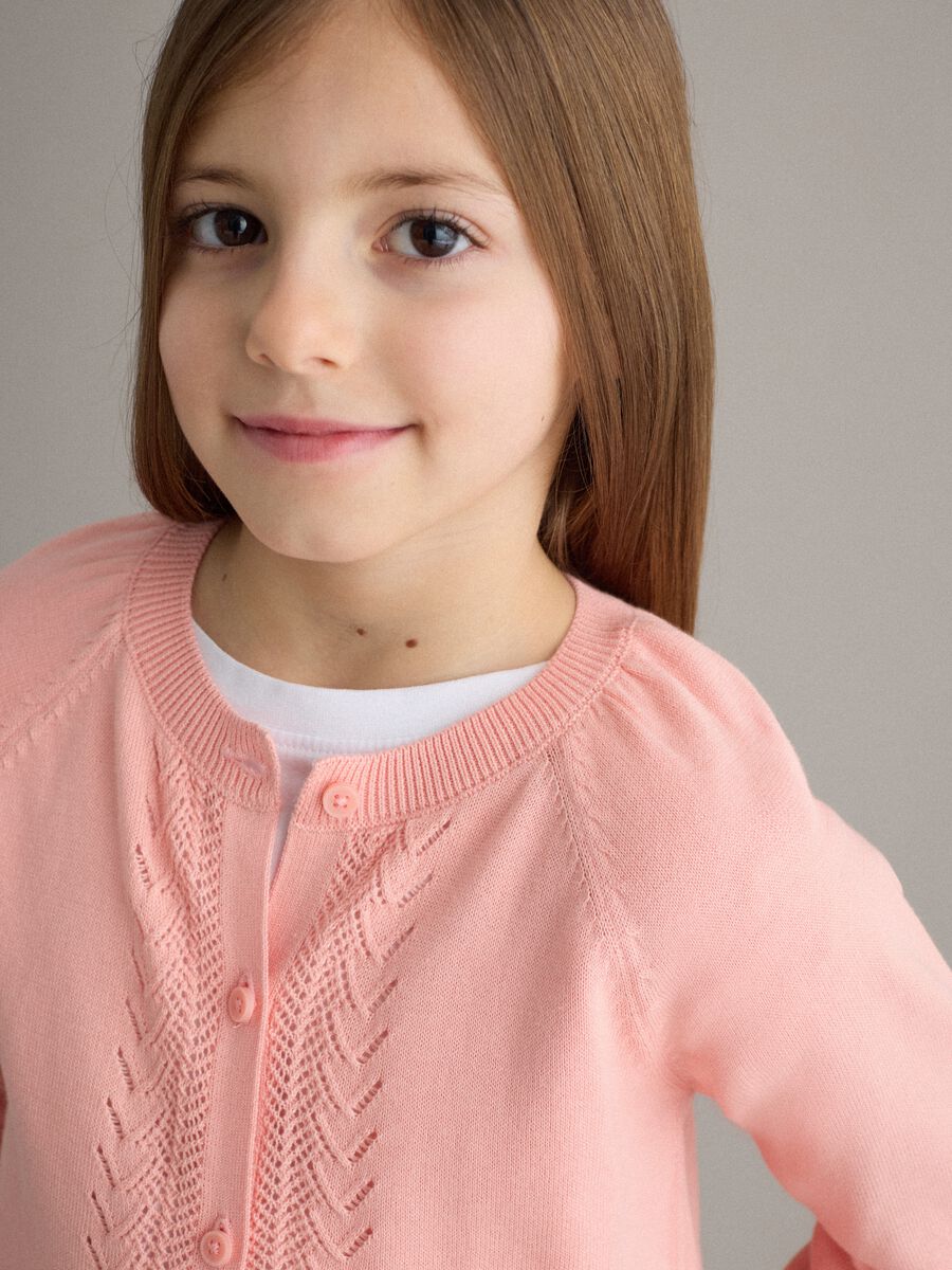 Girl's pink pure cotton regular fit cardigan with cable patterns_2