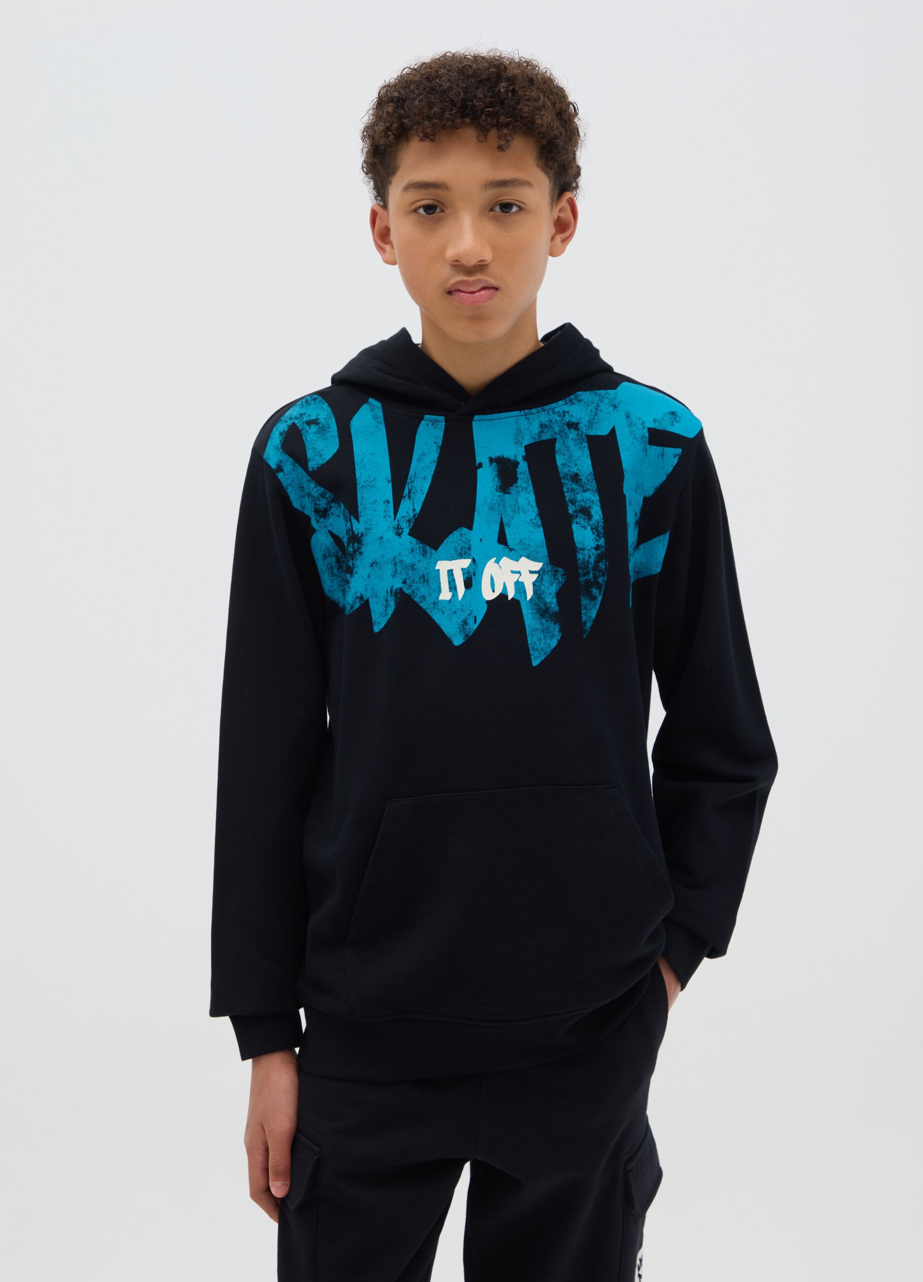 French terry sweatshirt with "Skate it OFF" and hood
