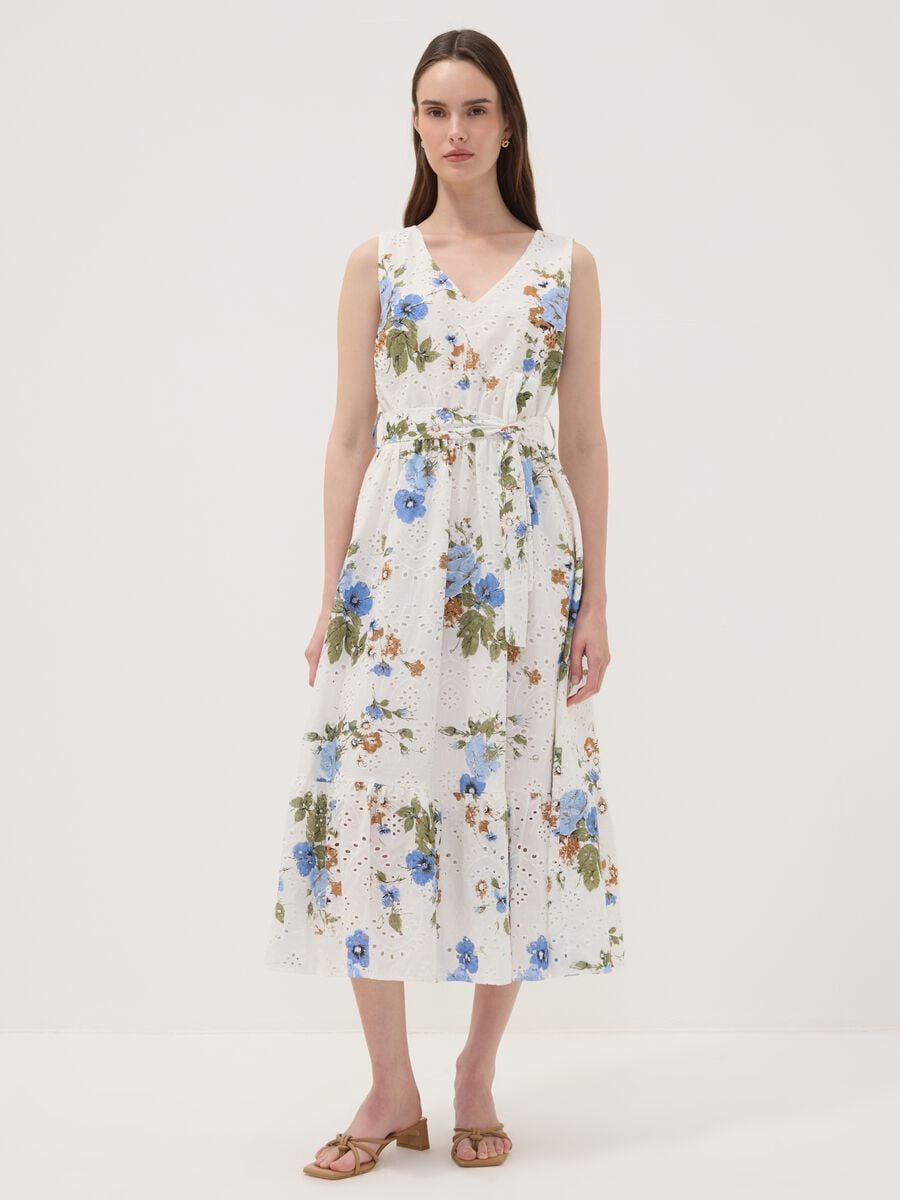 White pure cotton dress with floral print, regular fit_0