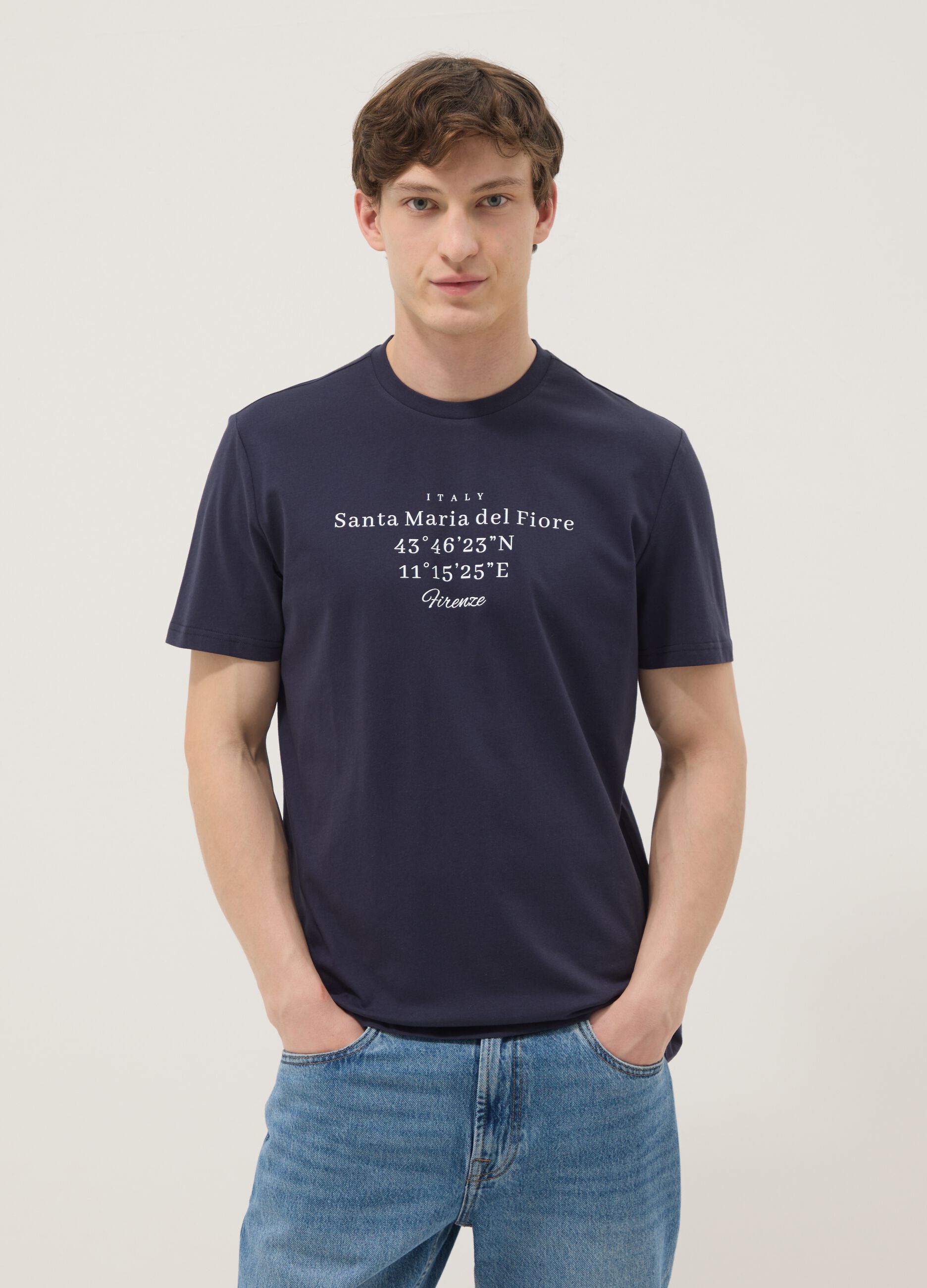 Blue short-sleeved pure cotton regular fit T-shirt