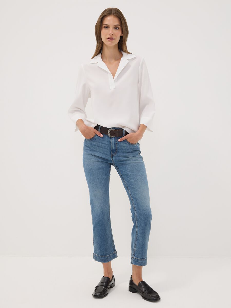 Light blue cropped slim-fit stretch denim jeans in cotton and viscose_0