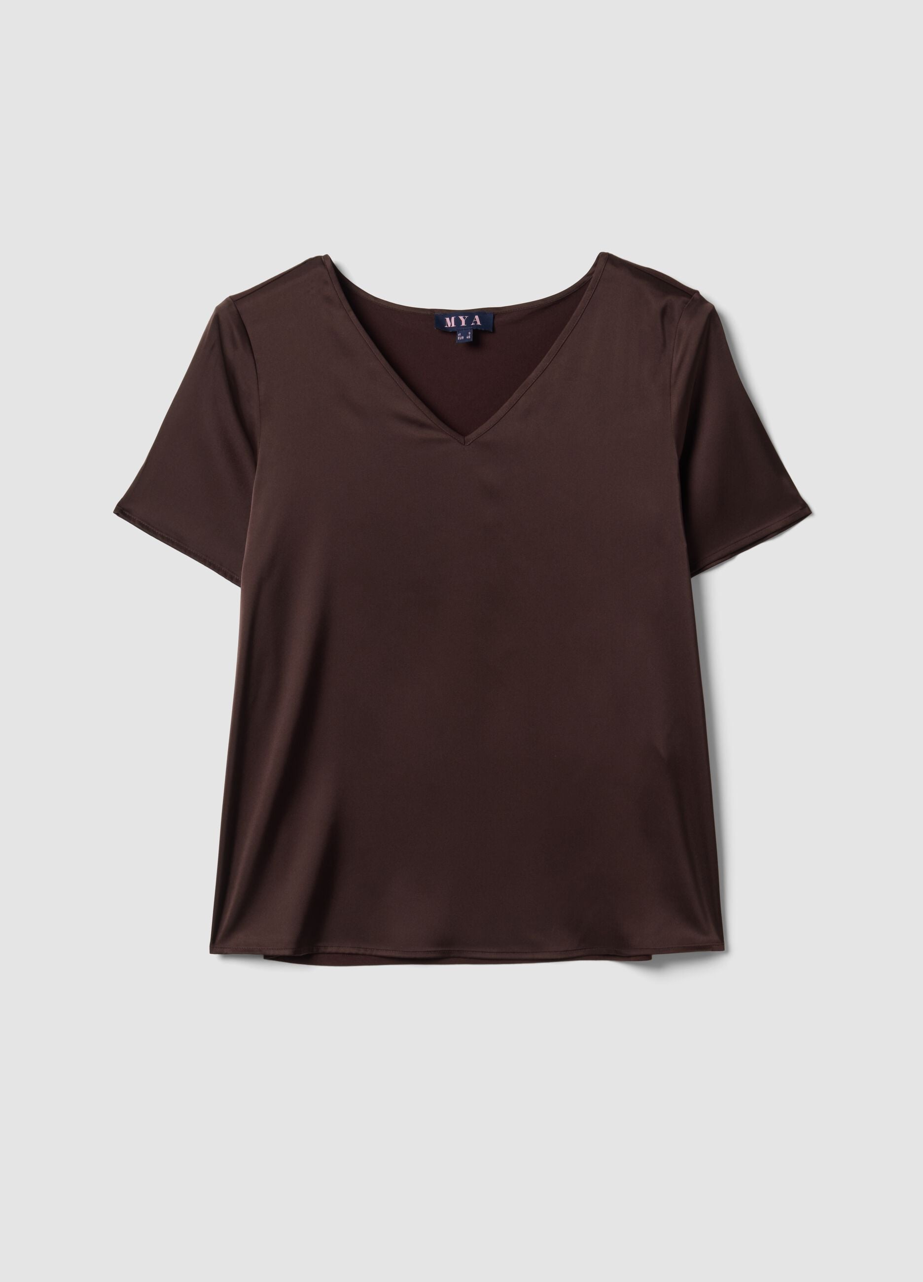 Brown satin V-neck stretch blouse, regular fit