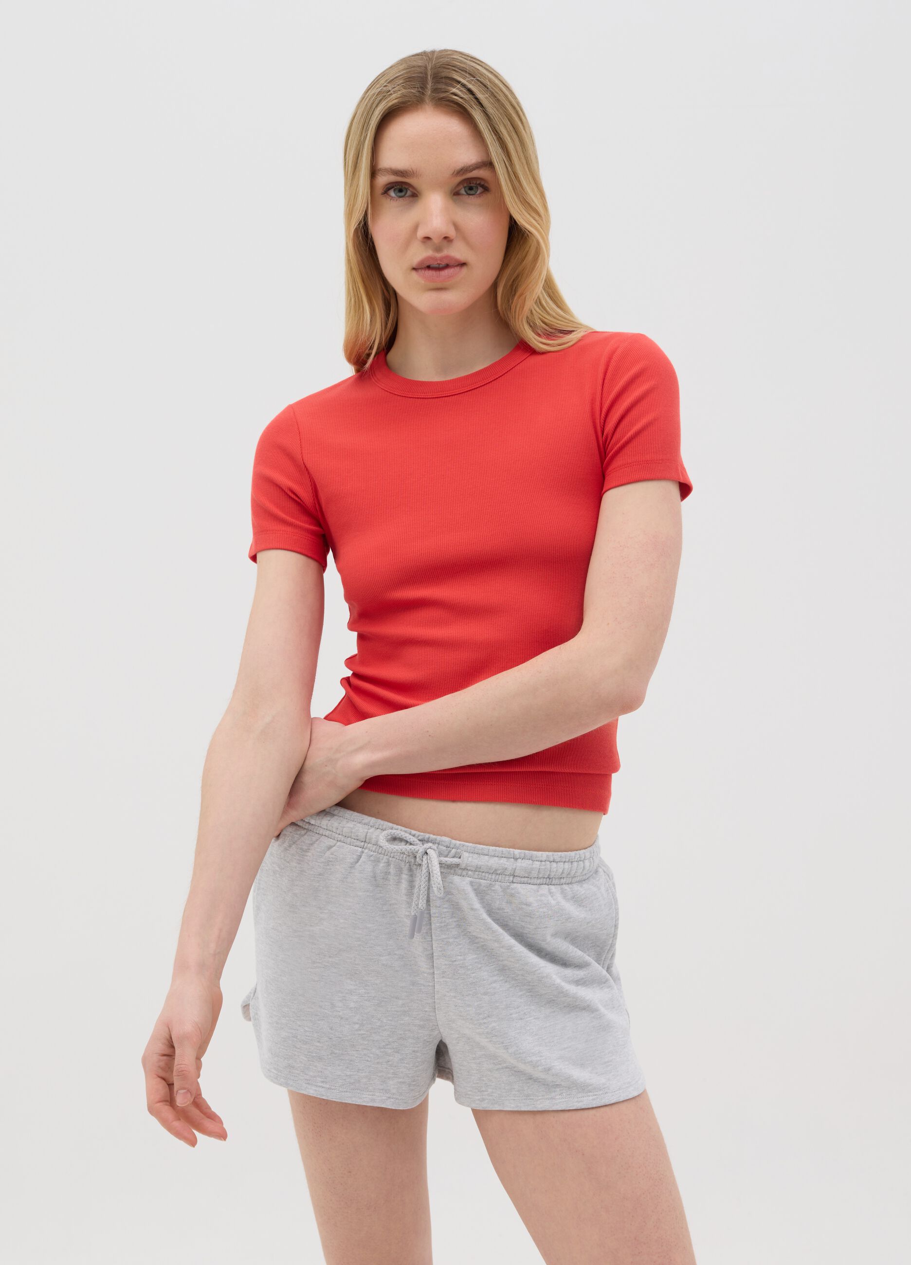 T-shirt da donna in cotone elasticizzato rossa regular fit