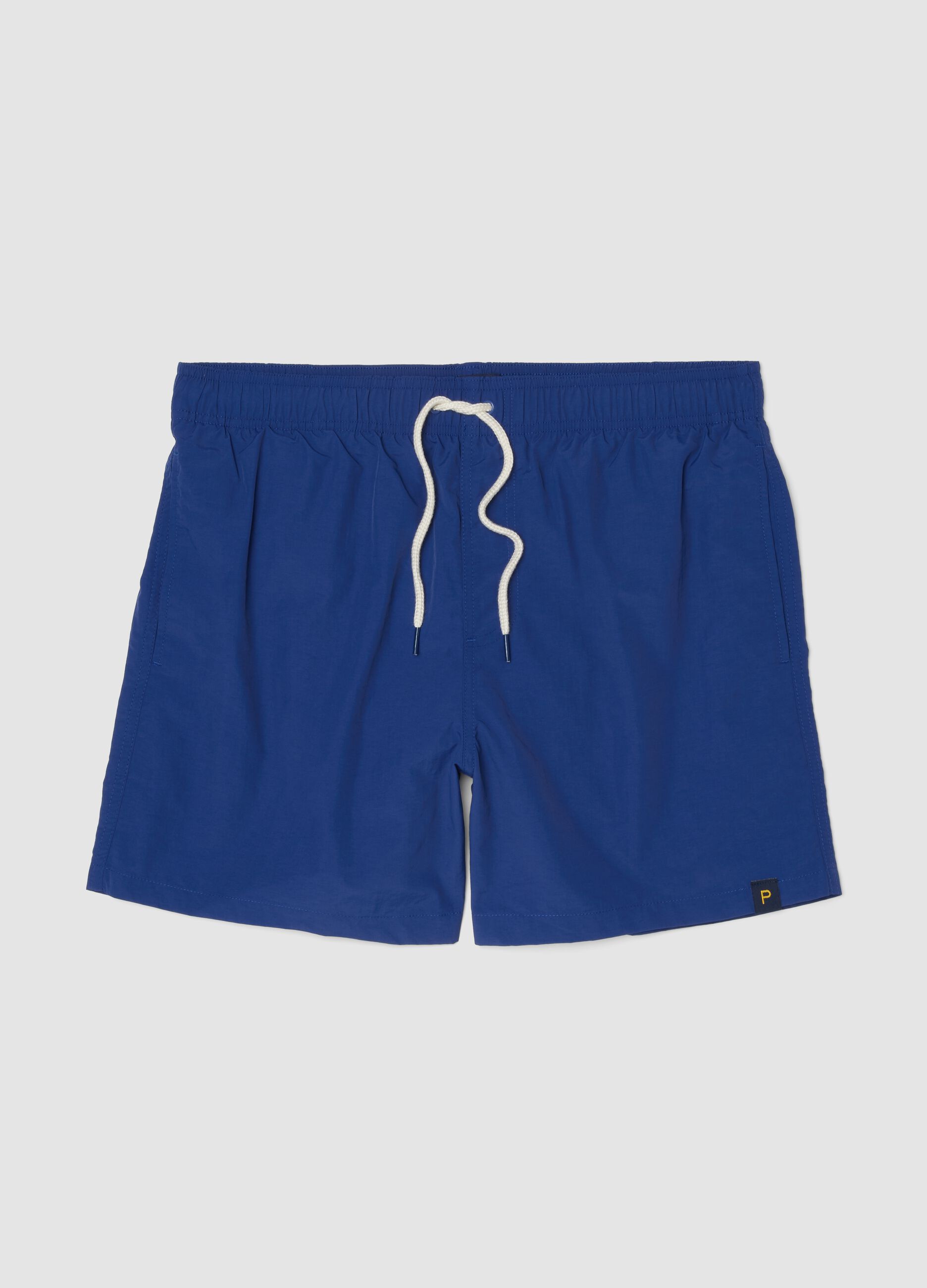 Blue swim shorts with elasticated waist and drawstring