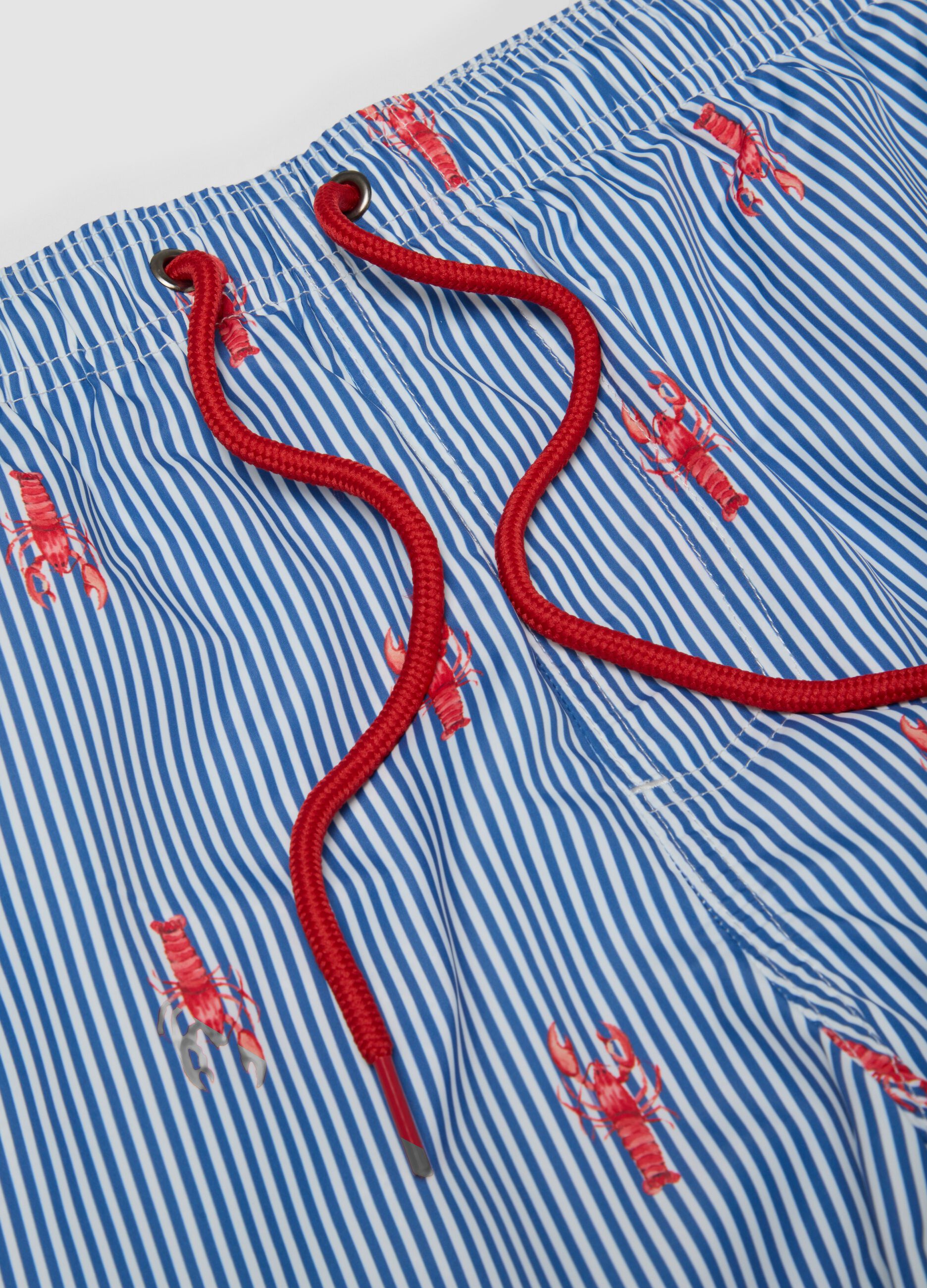 Blue striped swim shorts with lobster print