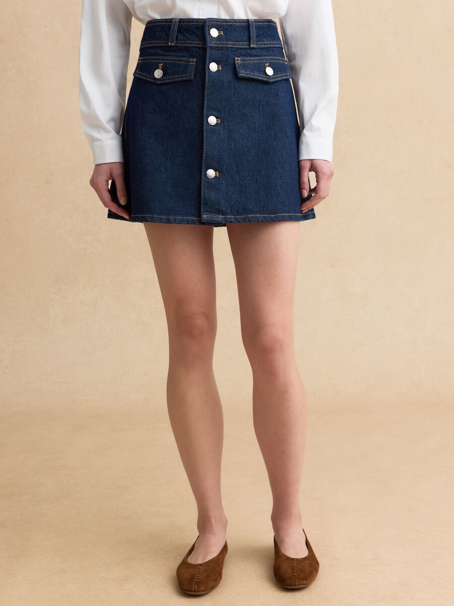 High-waisted blue denim pure cotton regular fit miniskirt_1