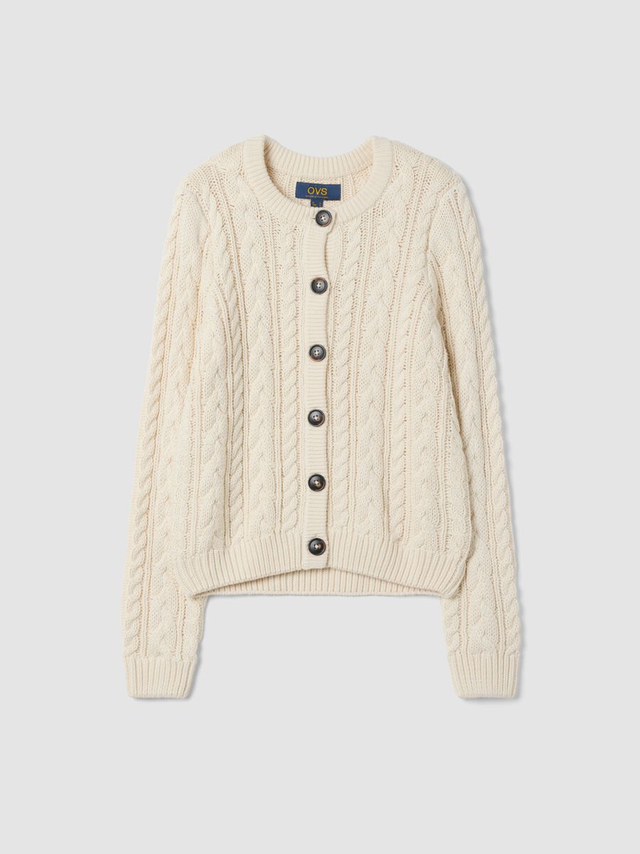 Beige cotton-blend crew-neck cardigan_0