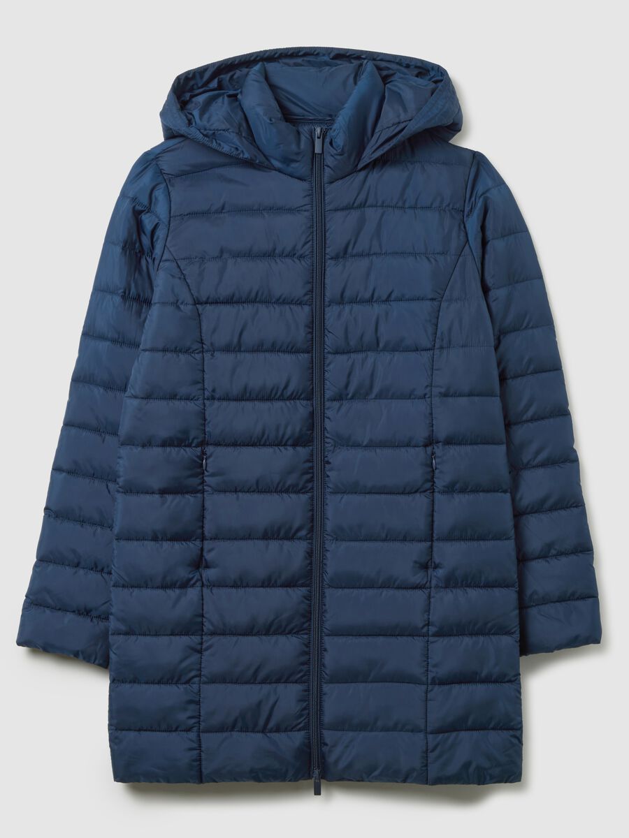 Long padded blue jacket with hood and zip_4