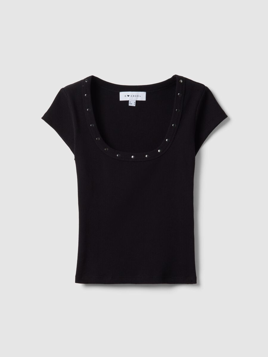 Black slim fit stretch cotton t-shirt with studs on the collar_4
