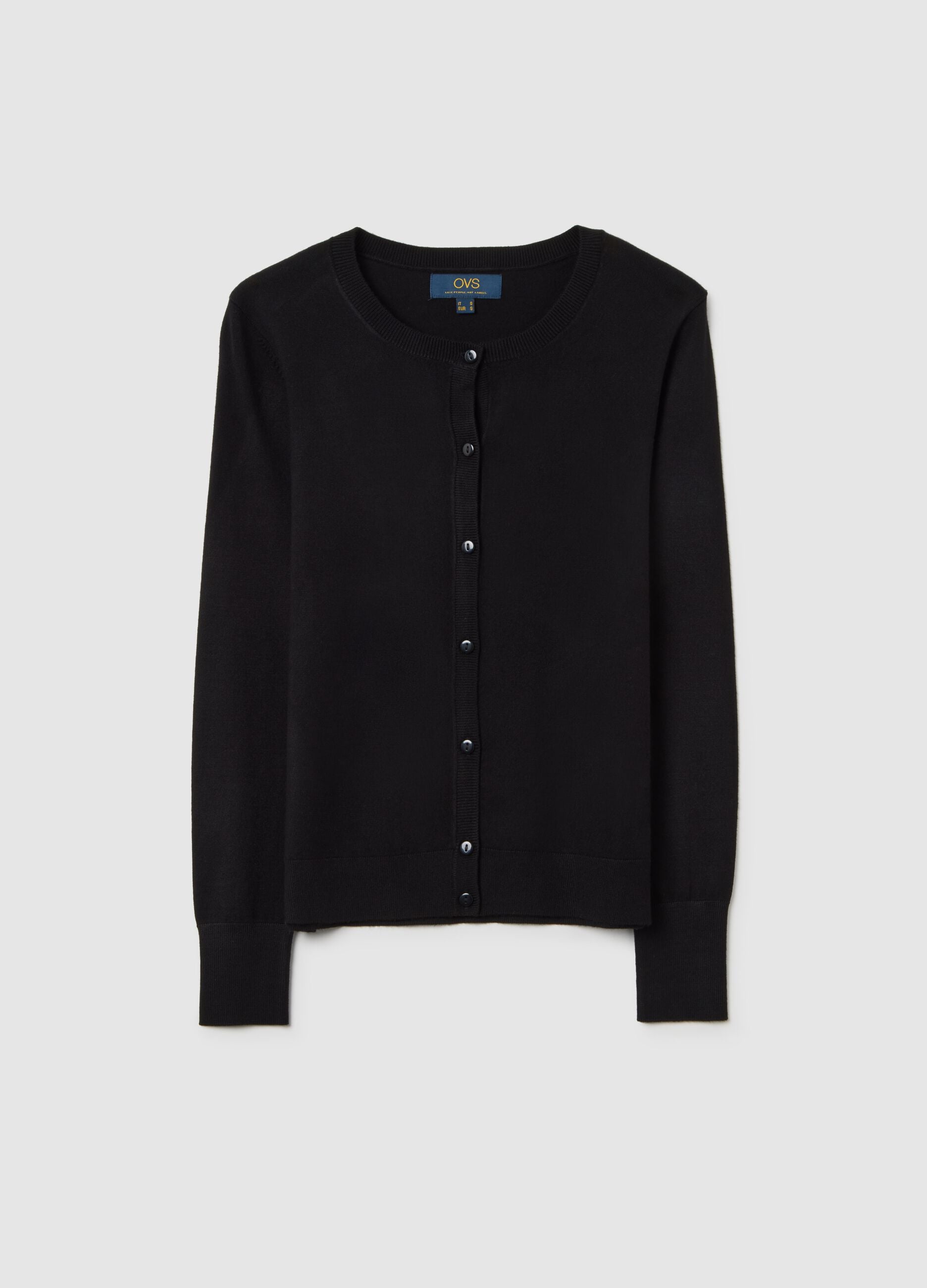 Black crew neck cardigan, regular fit in jersey knit
