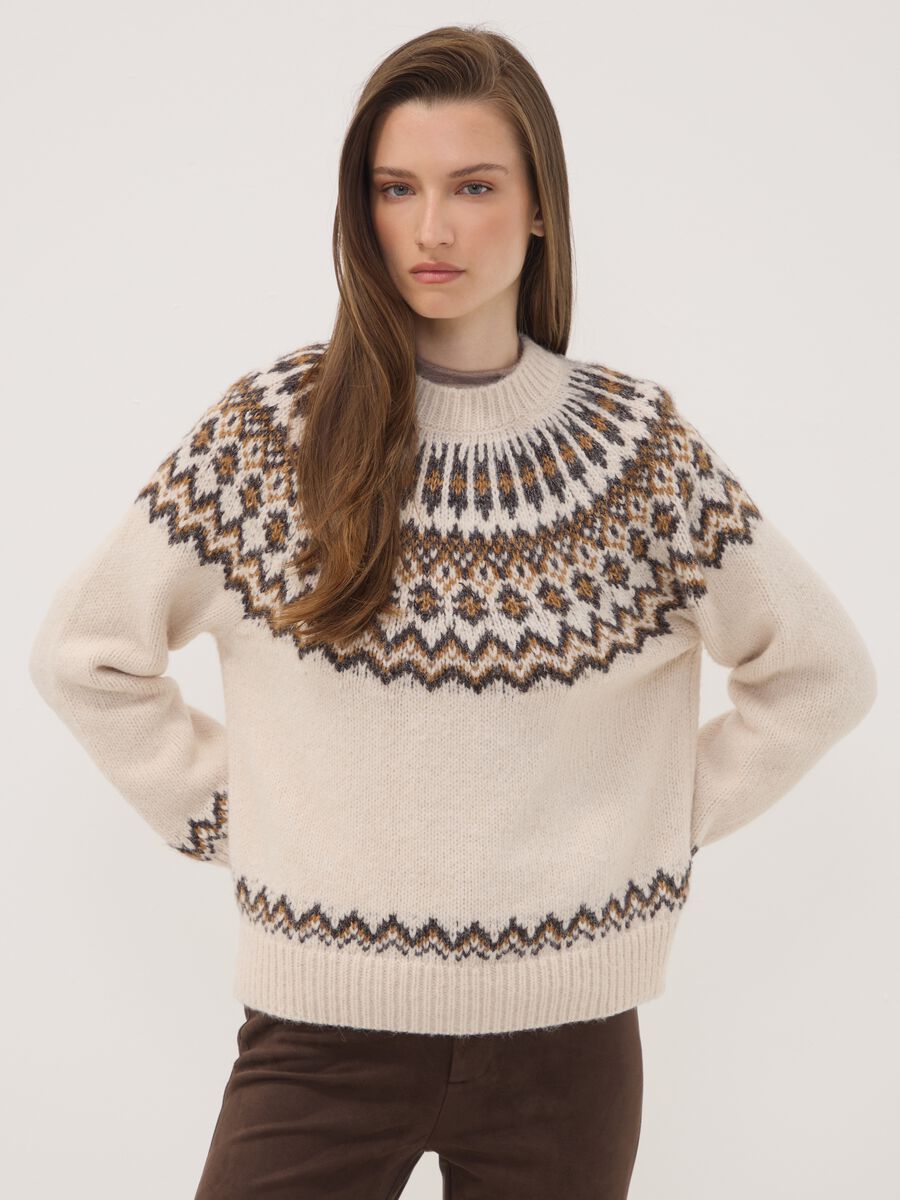 Maglione beige jacquard con Collo rialzato_0