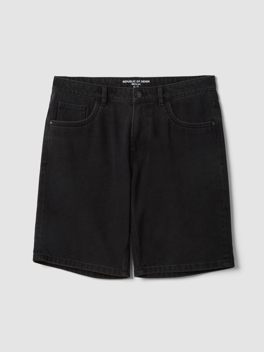 Black denim Bermuda shorts in cotton blend, regular fit_4