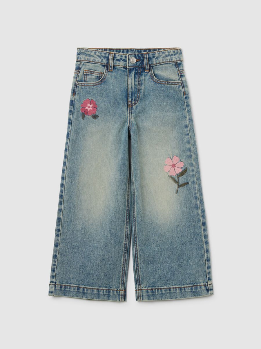 Girl's blue regular fit denim jeans with embroidery_0