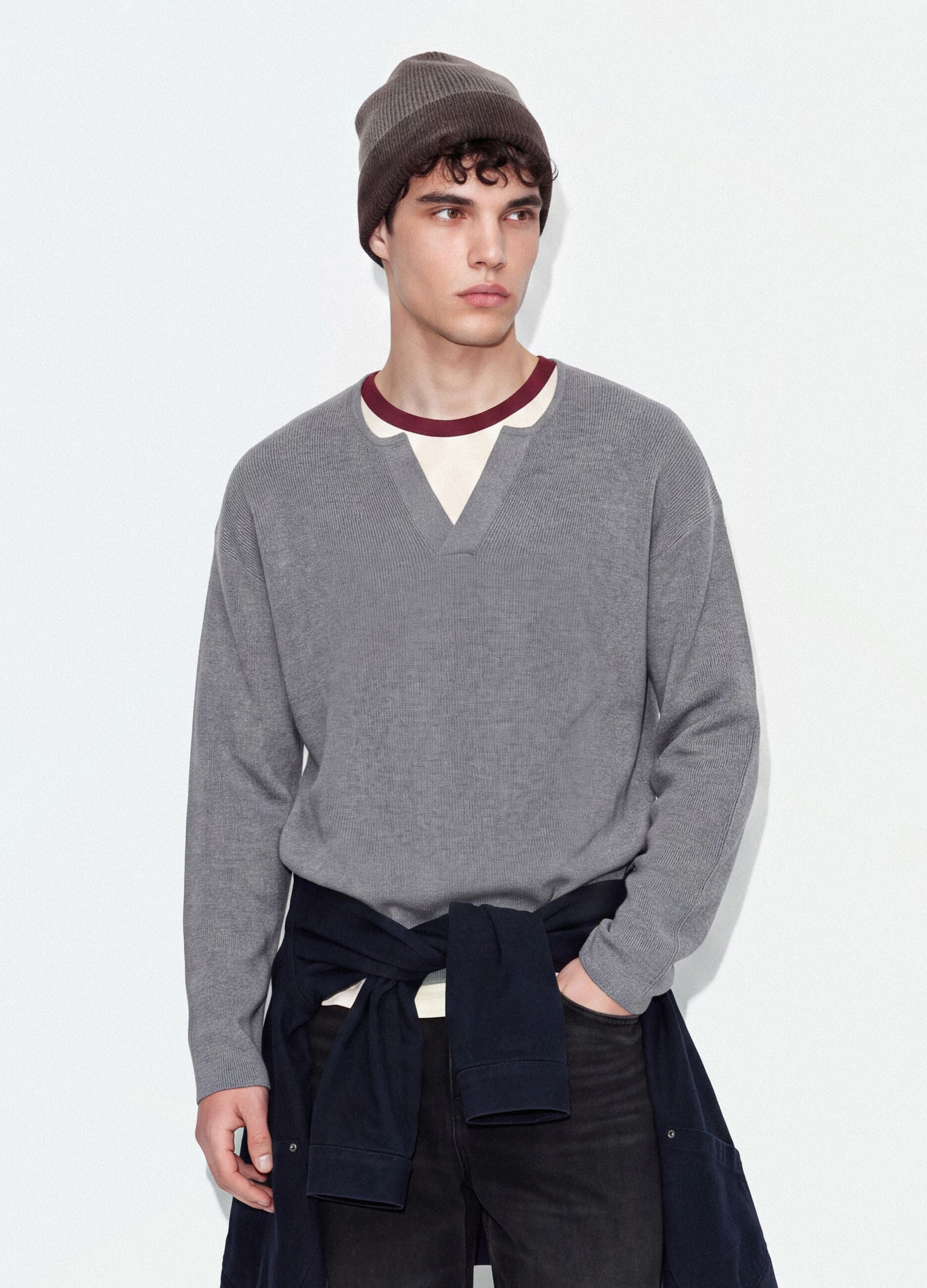 Grey cotton-blend Henley neck top, regular fit
