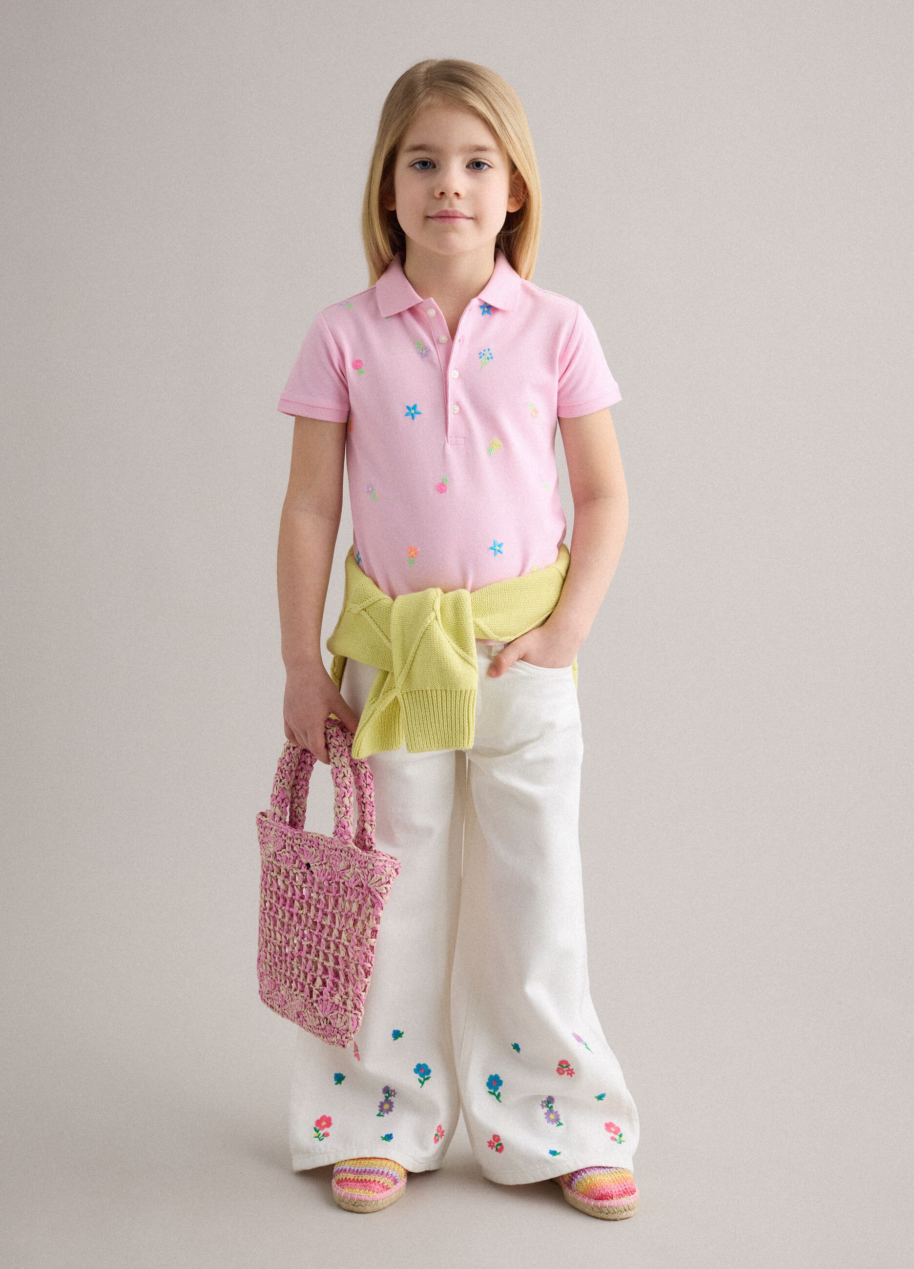 Girls' Wide Leg Pure Cotton White Trousers with Flowers