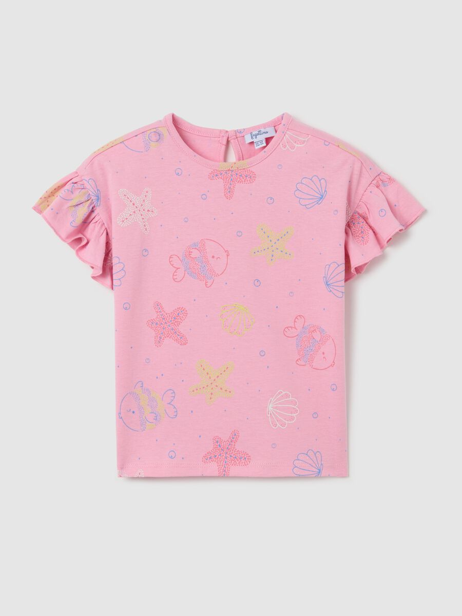 Pink cotton T-shirt with fish print_0